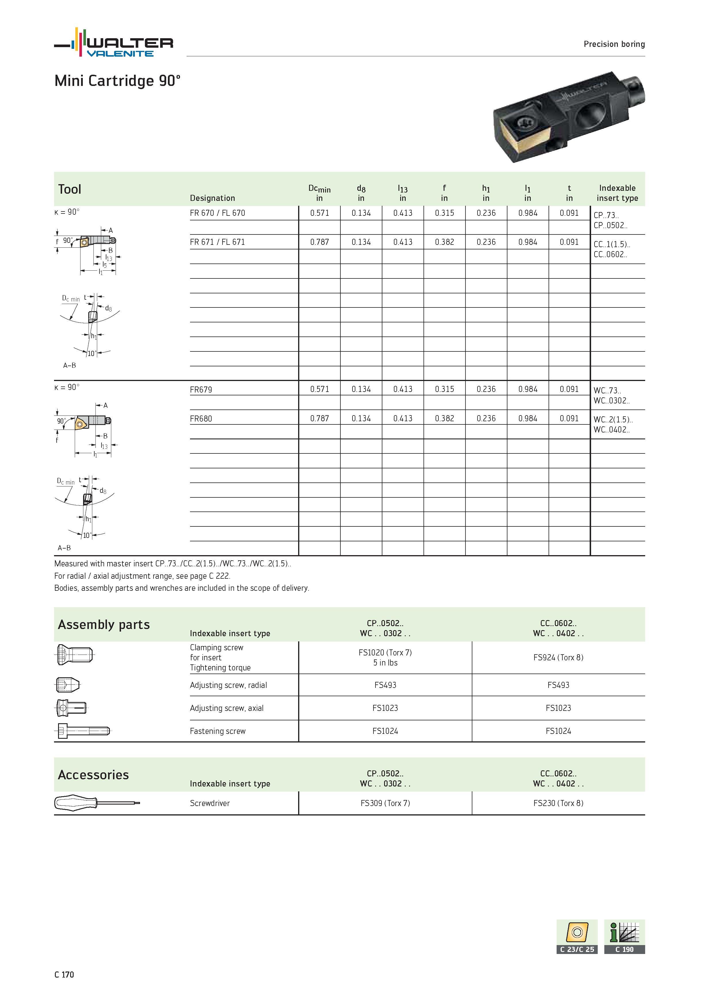 1072 WALTER Valenite Precision boring Mini Cartridge 90° Tool Dcmin d8 113 f hi l1 t Indexable Designation in insert type 0° 9 k FR 670 / FL 670 0 571 Каталог WALTER 2012 Металлорежущий инструмент и инструментальная оснастка Valenite для станков и металлообрабатывающих комплексов Стр. C170