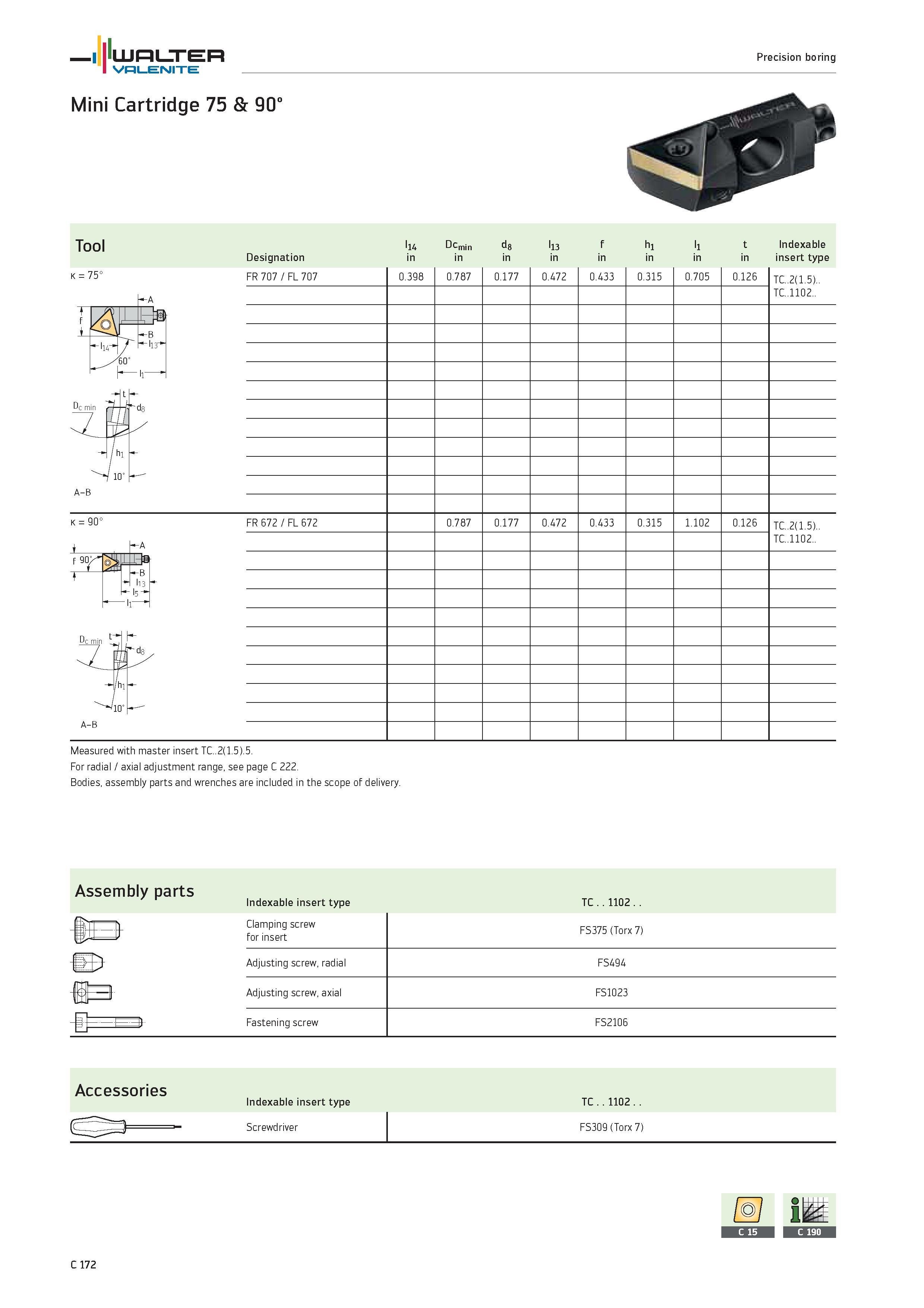 1074 Tool l14 Dcmin d8 l13 f h1 l1 t Indexable Designation in insert type K 75° -A LL B -llj 60° l1 FR 707 / FL 707 0 398 0 787 0 177 0 472 0 433 0 31 Каталог WALTER 2012 Металлорежущий инструмент и инструментальная оснастка Valenite для станков и металлообрабатывающих комплексов Стр. C172