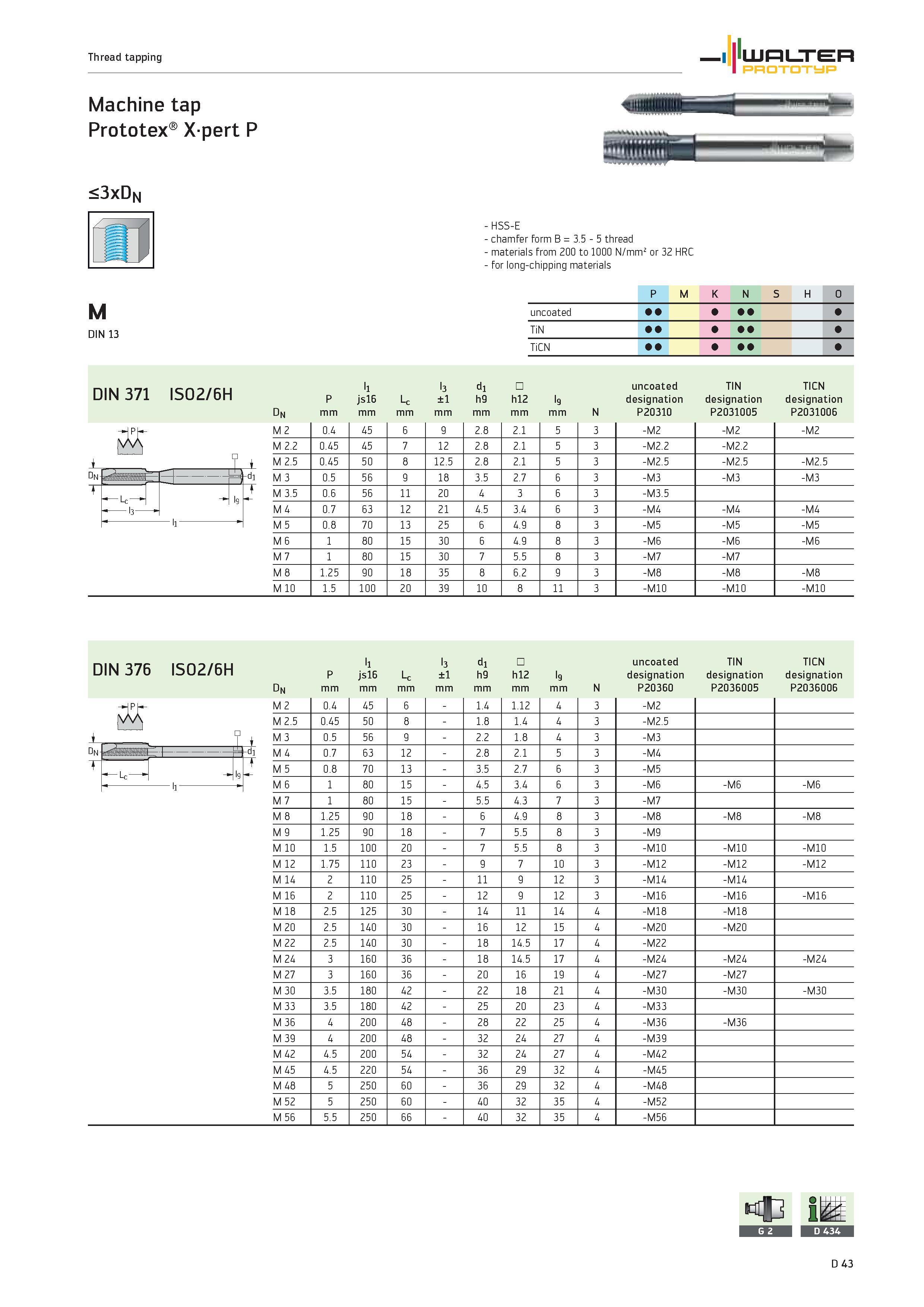 1171 Thread tapping WALTER PROTOTYP Machine tap Prototex Xpert P <3xDN M DIN 13 DIN 371 ISO2/6H DIN 376 ISO2/6H HSS-E chamfer form B 3 5 5 thread mate Каталог WALTER 2012 Металлорежущий инструмент и инструментальная оснастка Valenite для станков и металлообрабатывающих комплексов Стр. D43