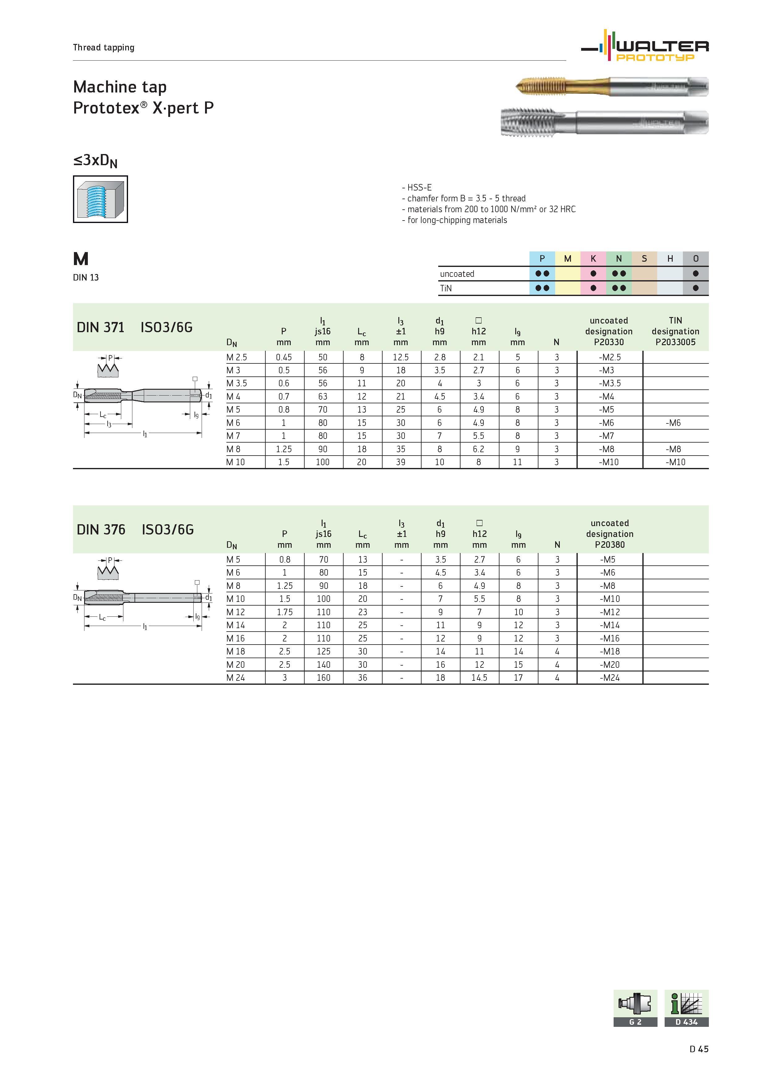 1173 Thread tapping WALTER PROTOTYP Machine tap Prototex Xpert P <3xDN M DIN 13 DIN 371 ISO3/6G DIN 376 ISO3/6G HSS-E chamfer form B 3 5 5 thread mate Каталог WALTER 2012 Металлорежущий инструмент и инструментальная оснастка Valenite для станков и металлообрабатывающих комплексов Стр. D45