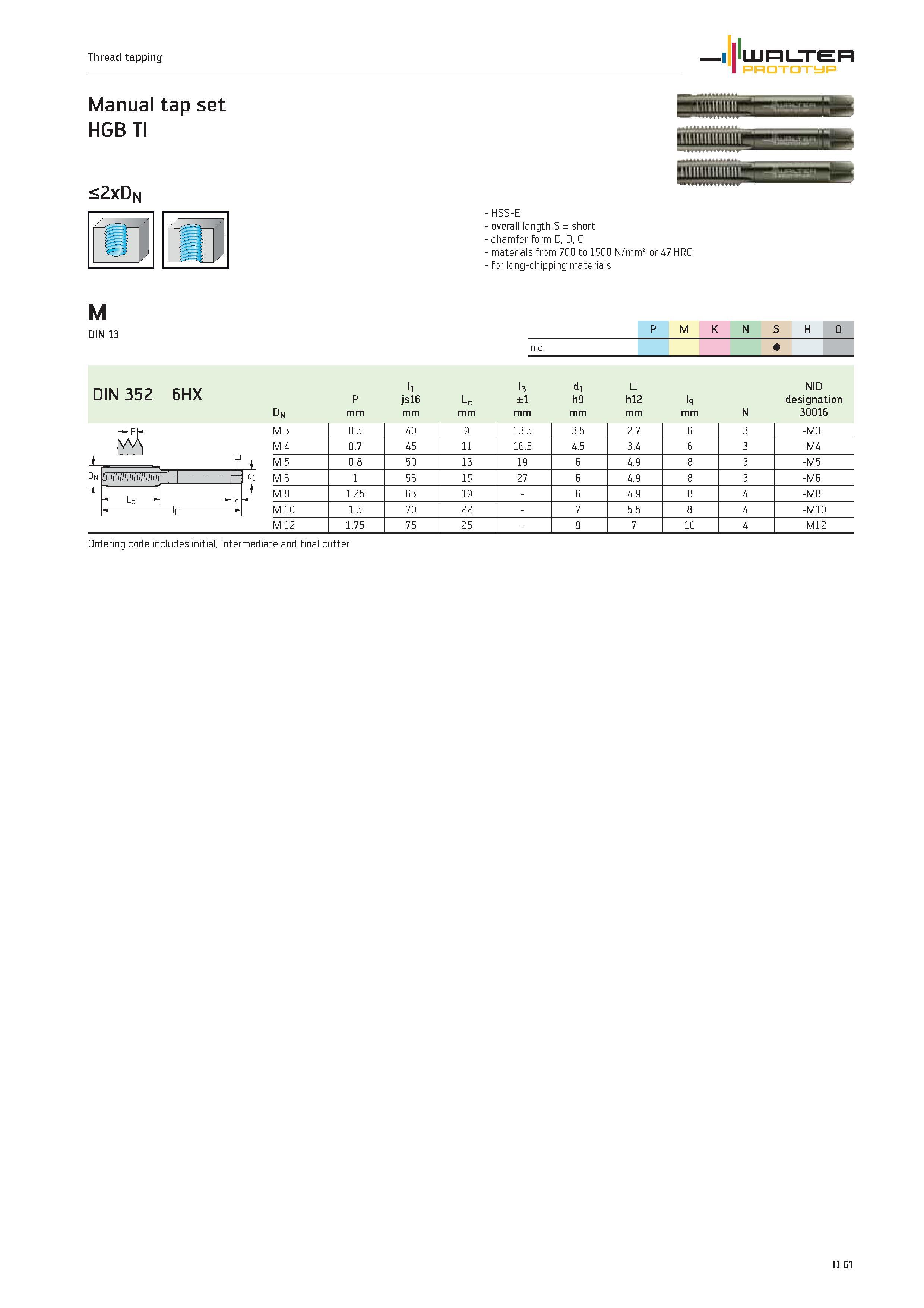 1189 Thread tapping WALTER PROTOTYP Manual tap set HGB TI <2xD N HSS-E overall length S short chamfer form D, D, C materials from 700 to 1500 N/mm2 or Каталог WALTER 2012 Металлорежущий инструмент и инструментальная оснастка Valenite для станков и металлообрабатывающих комплексов Стр. D61