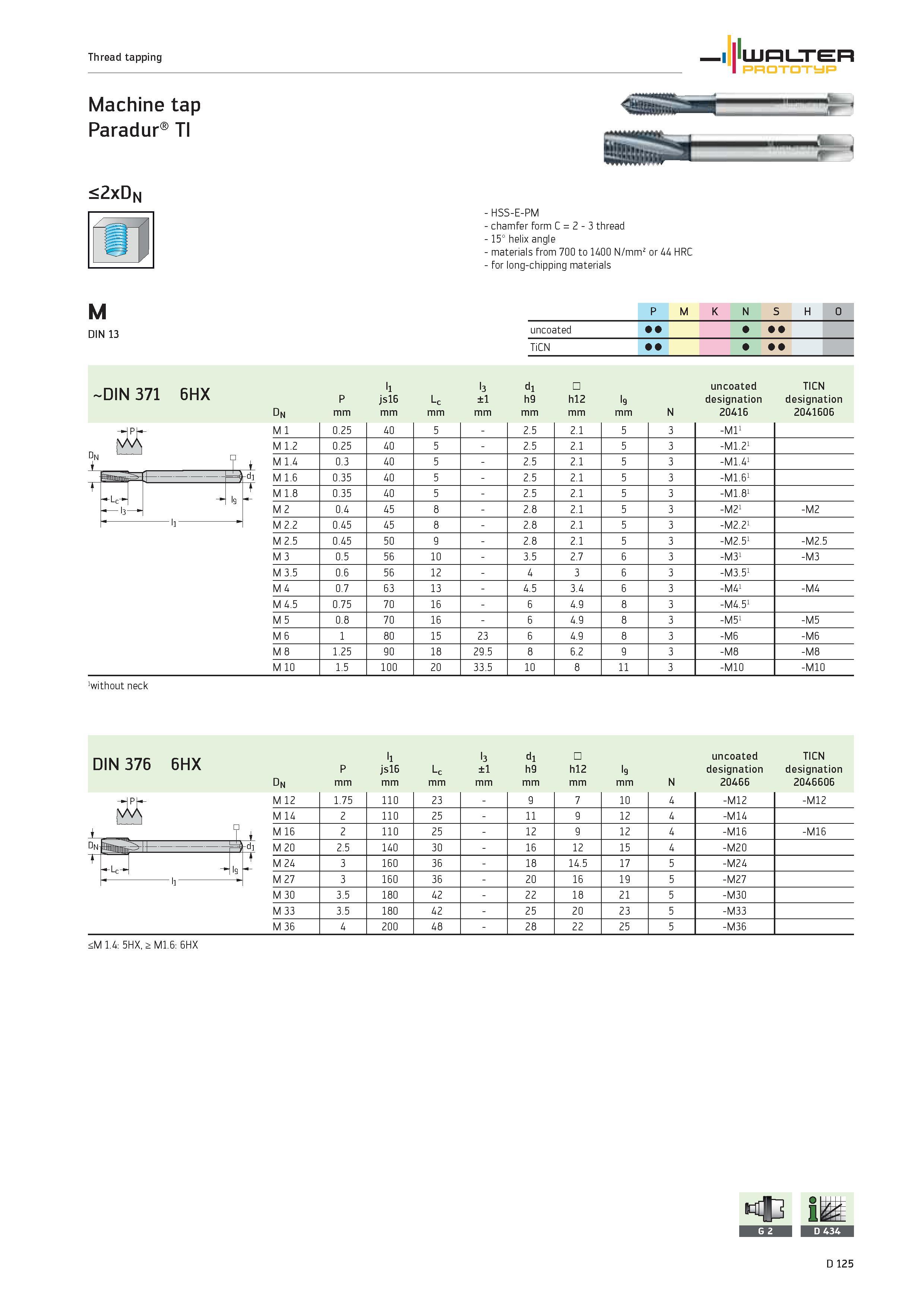 1253 Thread tapping 1 iLum n ER PROTOTYP Machine tap Paradur TI <2xD N HSS-E-PM chamfer form C 2 3 thread 15° helix angle materials from 700 to 1400 N Каталог WALTER 2012 Металлорежущий инструмент и инструментальная оснастка Valenite для станков и металлообрабатывающих комплексов Стр. D125