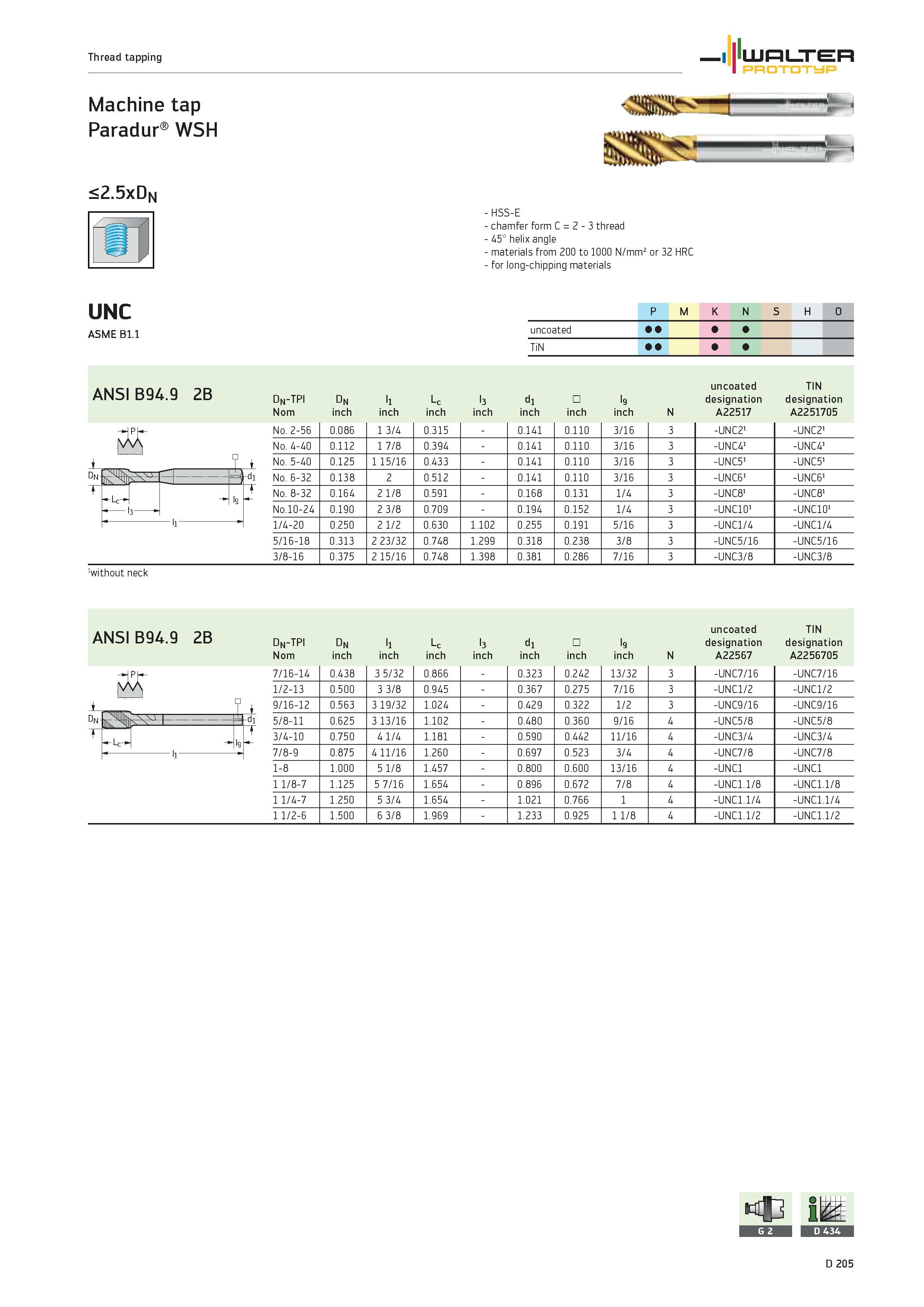 1333 Thread tapping 1 iLum n ER PROTOTYP Machine tap Paradur WSH <2 5xDn HSS-E chamfer form C 2 3 thread 45° helix angle materials from 200 to 1000 N/ Каталог WALTER 2012 Металлорежущий инструмент и инструментальная оснастка Valenite для станков и металлообрабатывающих комплексов Стр. D205