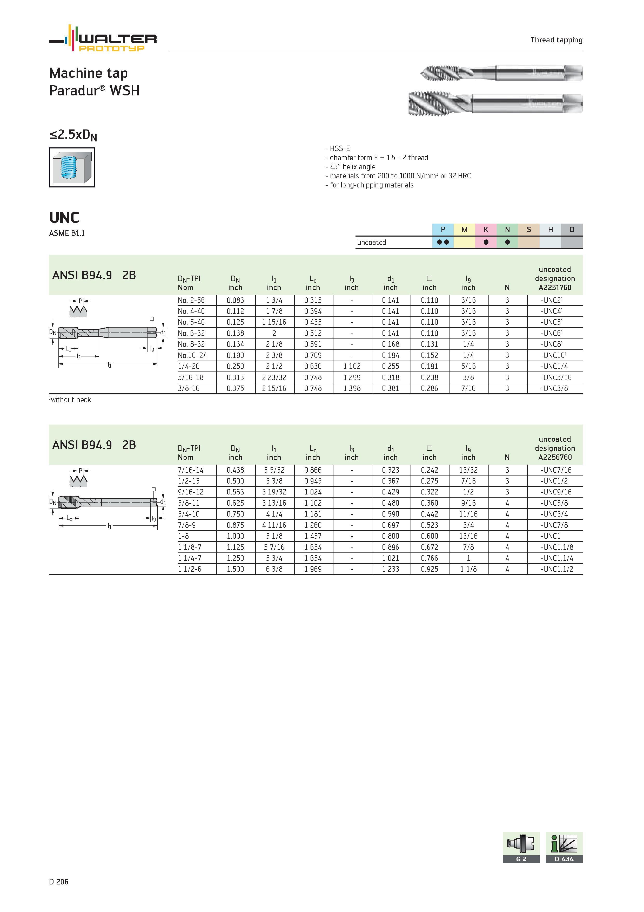 1334 WALTER Prototyp Machine tap Paradur WSH <2 5xDn HSS-E chamfer form E 1 5 2 thread 45° helix angle materials from 200 to 1000 N/mm2 or 32 HRC for Каталог WALTER 2012 Металлорежущий инструмент и инструментальная оснастка Valenite для станков и металлообрабатывающих комплексов Стр. D206