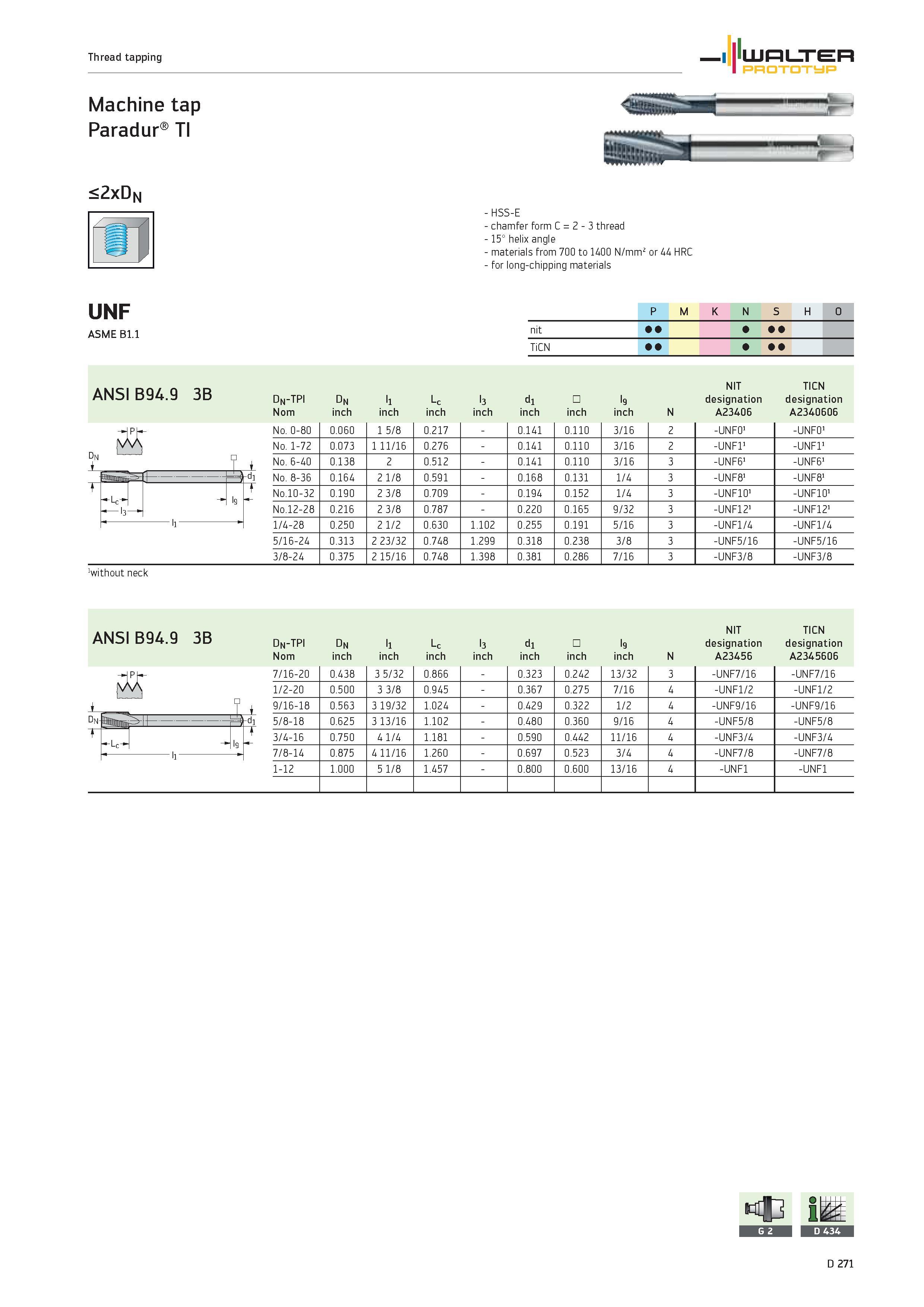 1399 Thread tapping 1 iLum n ER PROTOTYP Machine tap Paradur TI <2xD N HSS-E chamfer form C 2 3 thread 15° helix angle materials from 700 to 1400 N/mm Каталог WALTER 2012 Металлорежущий инструмент и инструментальная оснастка Valenite для станков и металлообрабатывающих комплексов Стр. D271