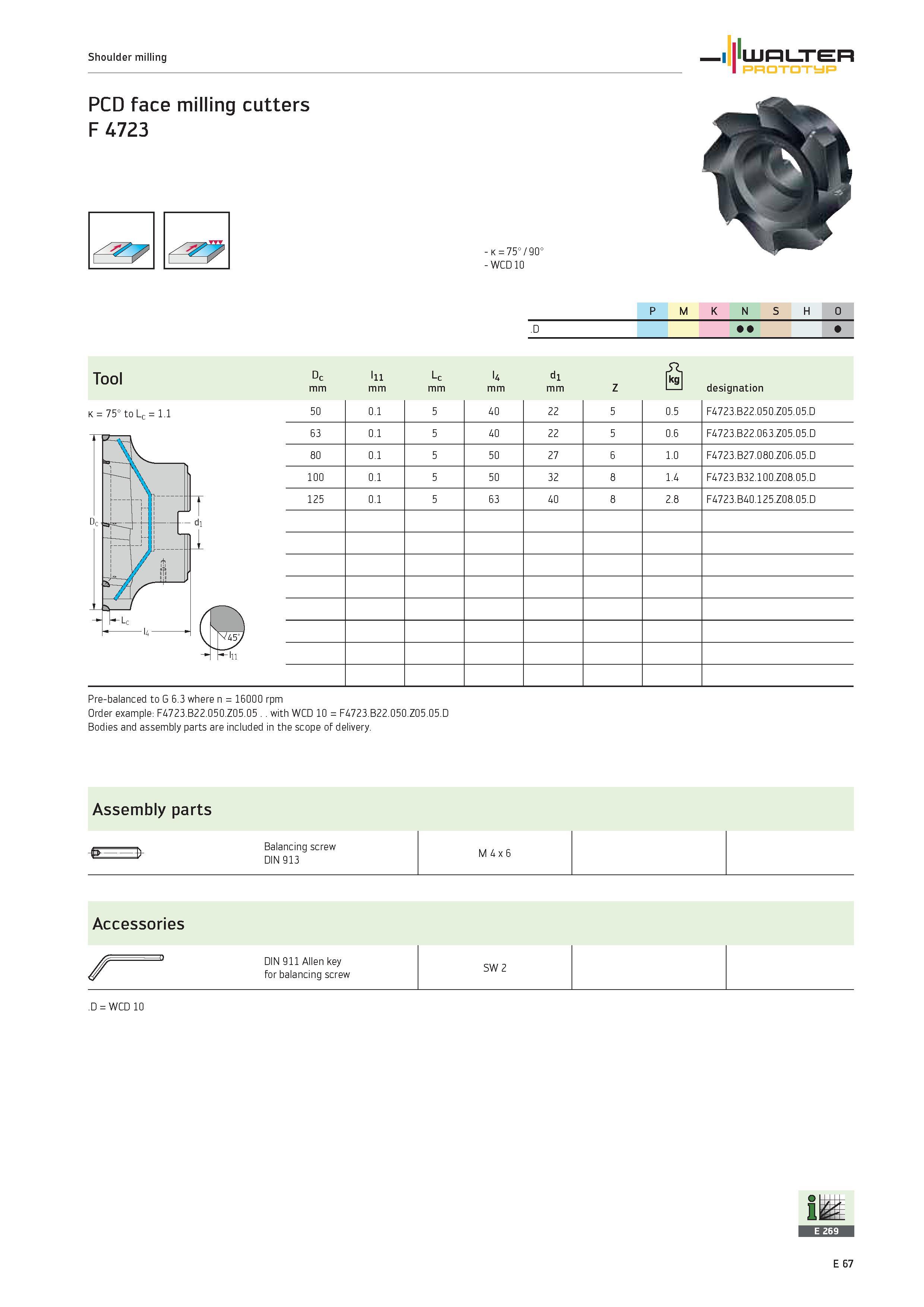 1669 Shoulder milling PCD face milling cutters F 4723 -k=75°/90° WCD 10 WALTER Prototyp k 75° to Lc 1 1 P M K N S H O D Tool Dc 111 Lc U dl Si mm Z L Каталог WALTER 2012 Металлорежущий инструмент и инструментальная оснастка Valenite для станков и металлообрабатывающих комплексов Стр. E67
