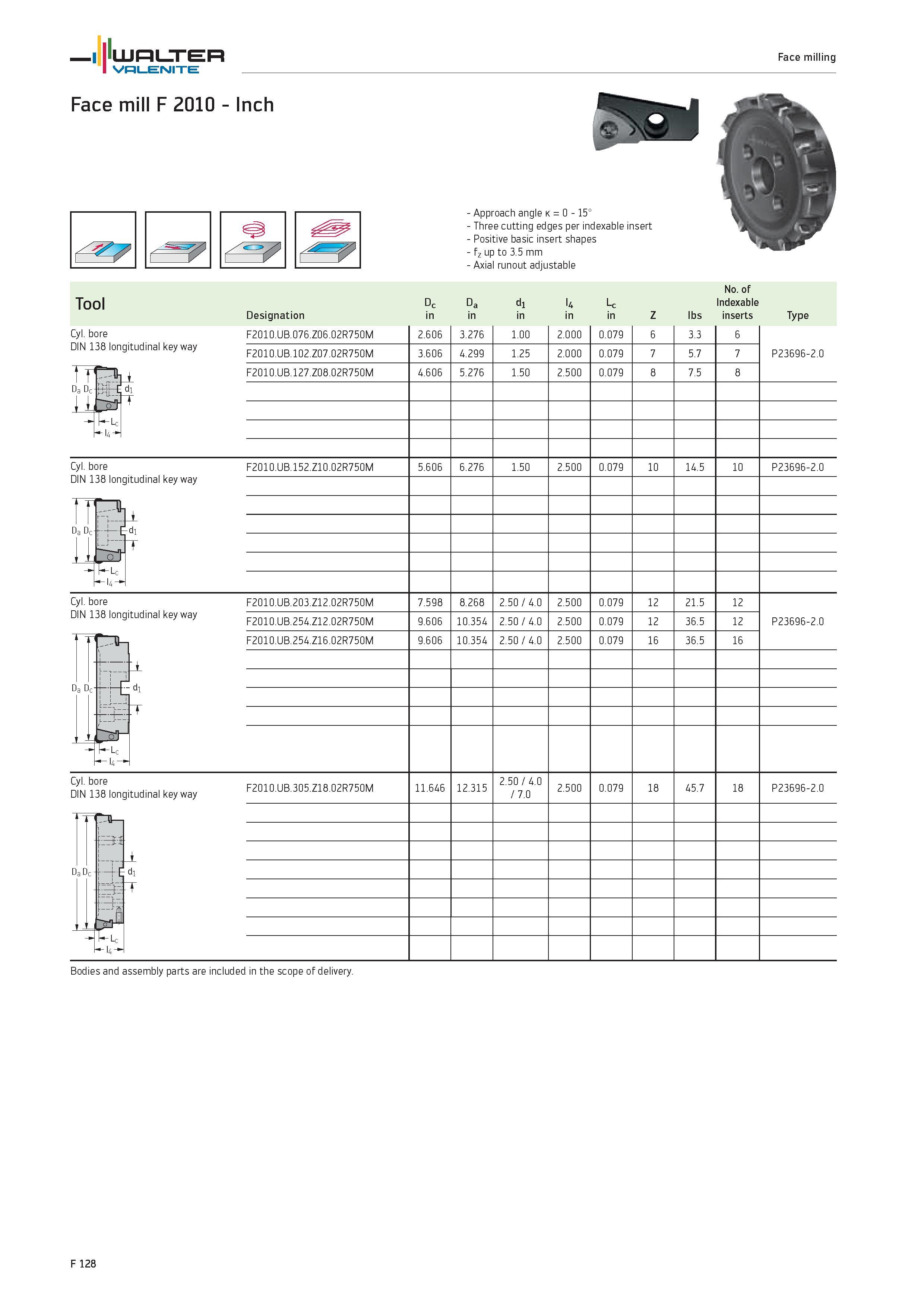 2056 WALTER Valenite Face milling Face mill F 2010 Inch 7 Approach angle k 0 15° Three cutting edges per indexable insert Positive basic insert shapes Каталог WALTER 2012 Металлорежущий инструмент и инструментальная оснастка Valenite для станков и металлообрабатывающих комплексов Стр. F128