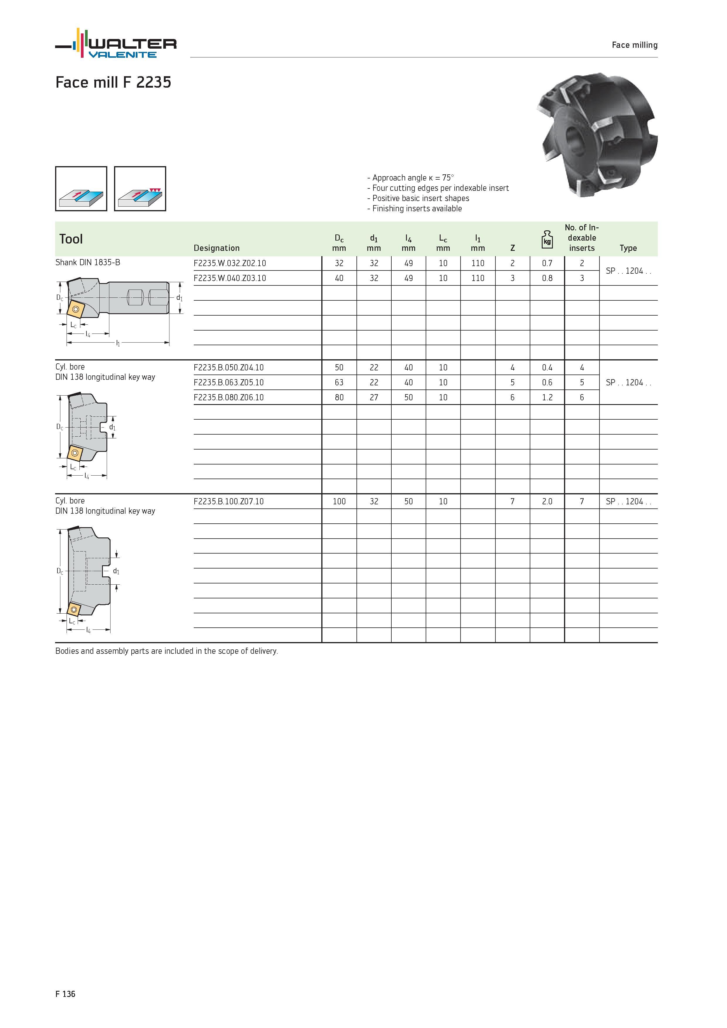 2064 WALTER Valenite Face milling Face mill F 2235 Shank DIN 1835-B 1 -/nu t LC li Approach angle k 75° Four cutting edges per indexable insert Positi Каталог WALTER 2012 Металлорежущий инструмент и инструментальная оснастка Valenite для станков и металлообрабатывающих комплексов Стр. F136