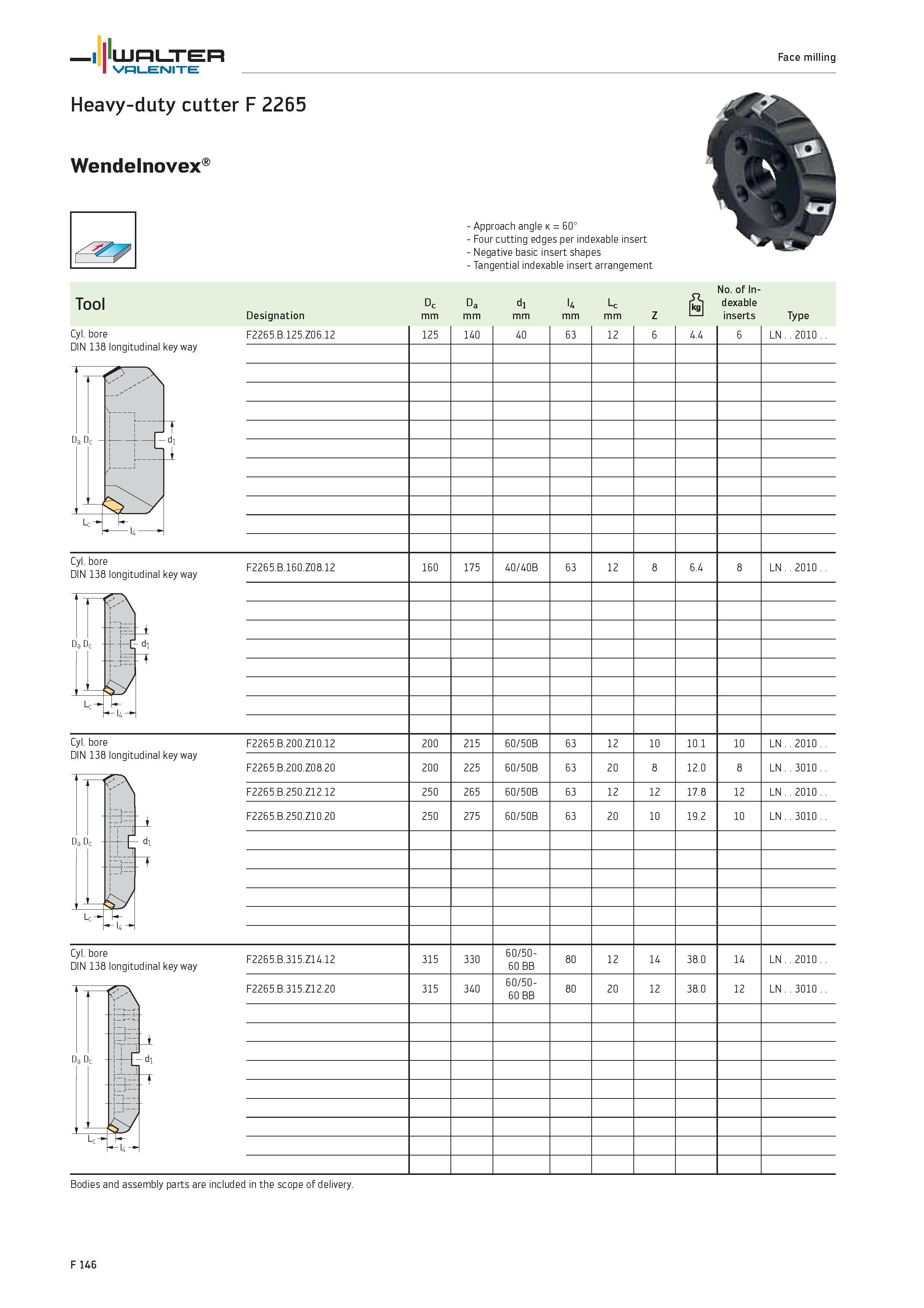 2074 WALTER Valenite Face milling Heavy-duty cutter F 2265 Wendelnovex Cyl bore DIN 138 longitudinal key way Approach angle k 60° Four cutting edges p Каталог WALTER 2012 Металлорежущий инструмент и инструментальная оснастка Valenite для станков и металлообрабатывающих комплексов Стр. F146