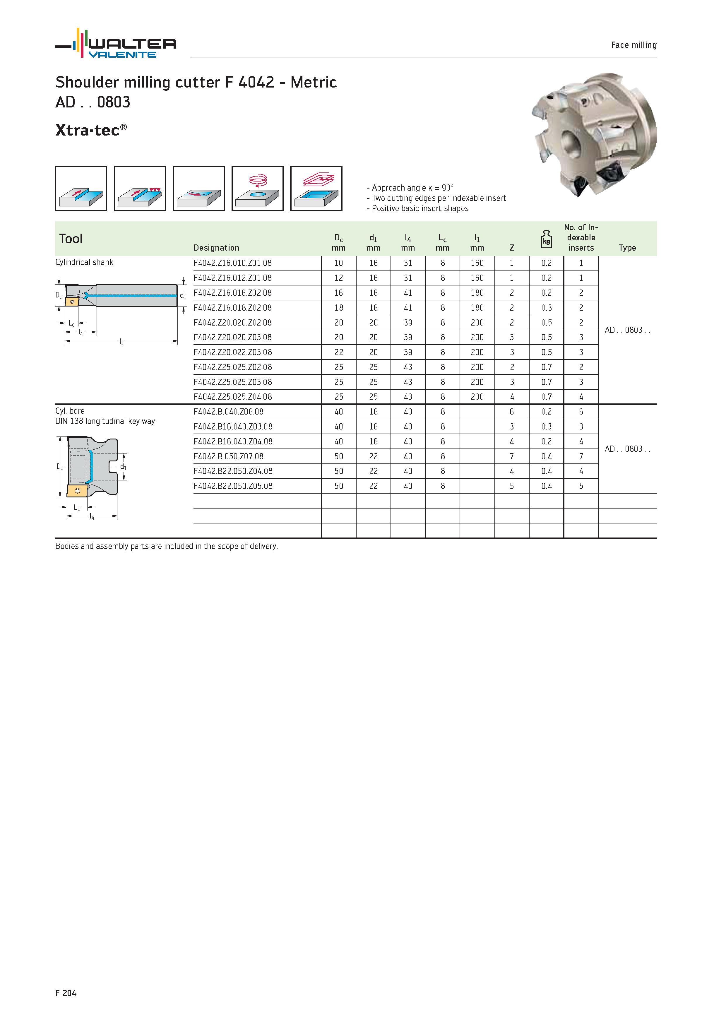 2132 WALTER Valenite Face milling Shoulder milling cutter F 4042 Metric AD 0803 Xtra-tec 7 Approach angle k 90° Two cutting edges per indexable insert Каталог WALTER 2012 Металлорежущий инструмент и инструментальная оснастка Valenite для станков и металлообрабатывающих комплексов Стр. F204