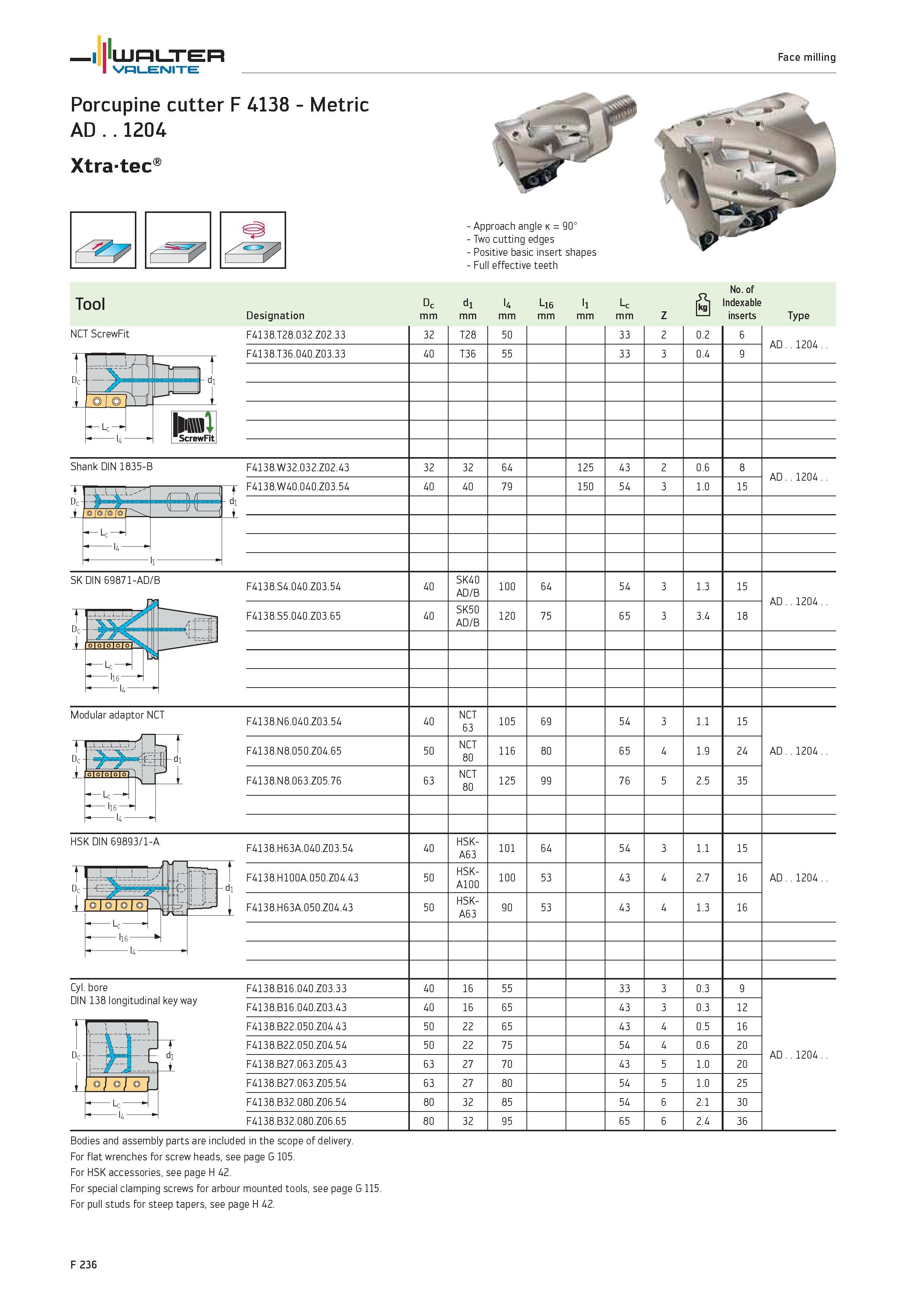 2164 WALTER Valenite Face milling Porcupine cutter F 4138 Metric AD 1204 Xtra-tec Approach angle k 90° Two cutting edges Positive basic insert shapes Каталог WALTER 2012 Металлорежущий инструмент и инструментальная оснастка Valenite для станков и металлообрабатывающих комплексов Стр. F236