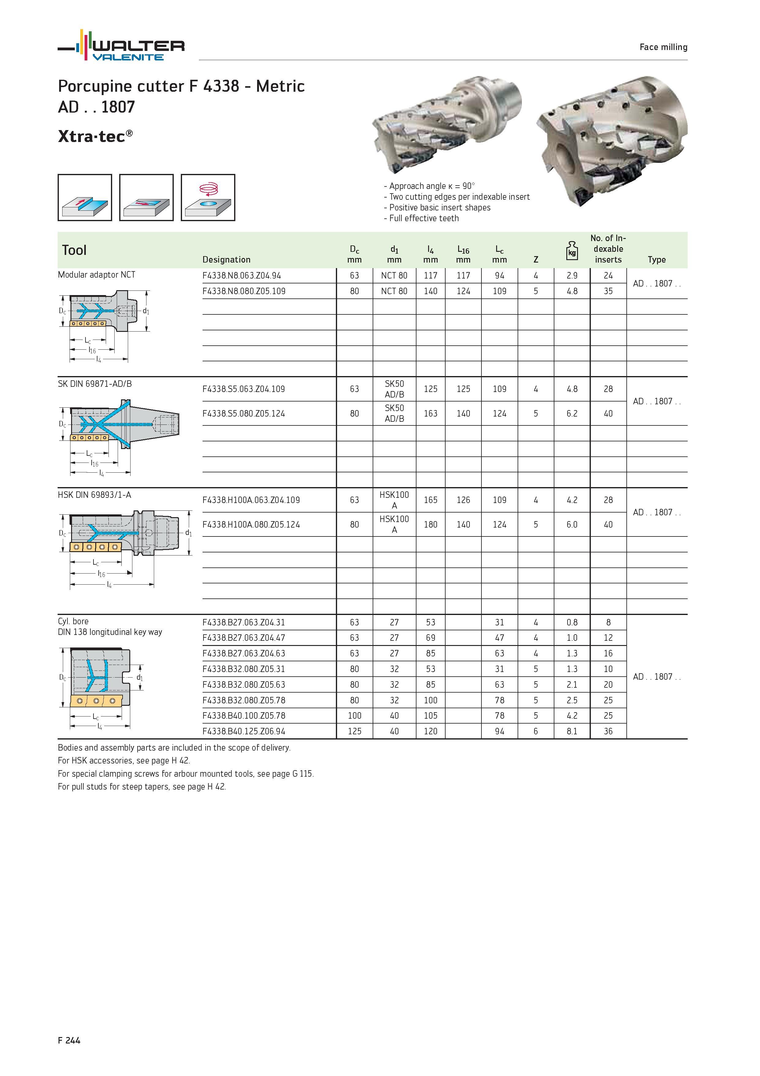 2172 WALTER Valenite Face milling Porcupine cutter F 4338 Metric AD 1807 Xtra-tec 7 Approach angle k 90° Two cutting edges per indexable insert Positi Каталог WALTER 2012 Металлорежущий инструмент и инструментальная оснастка Valenite для станков и металлообрабатывающих комплексов Стр. F244