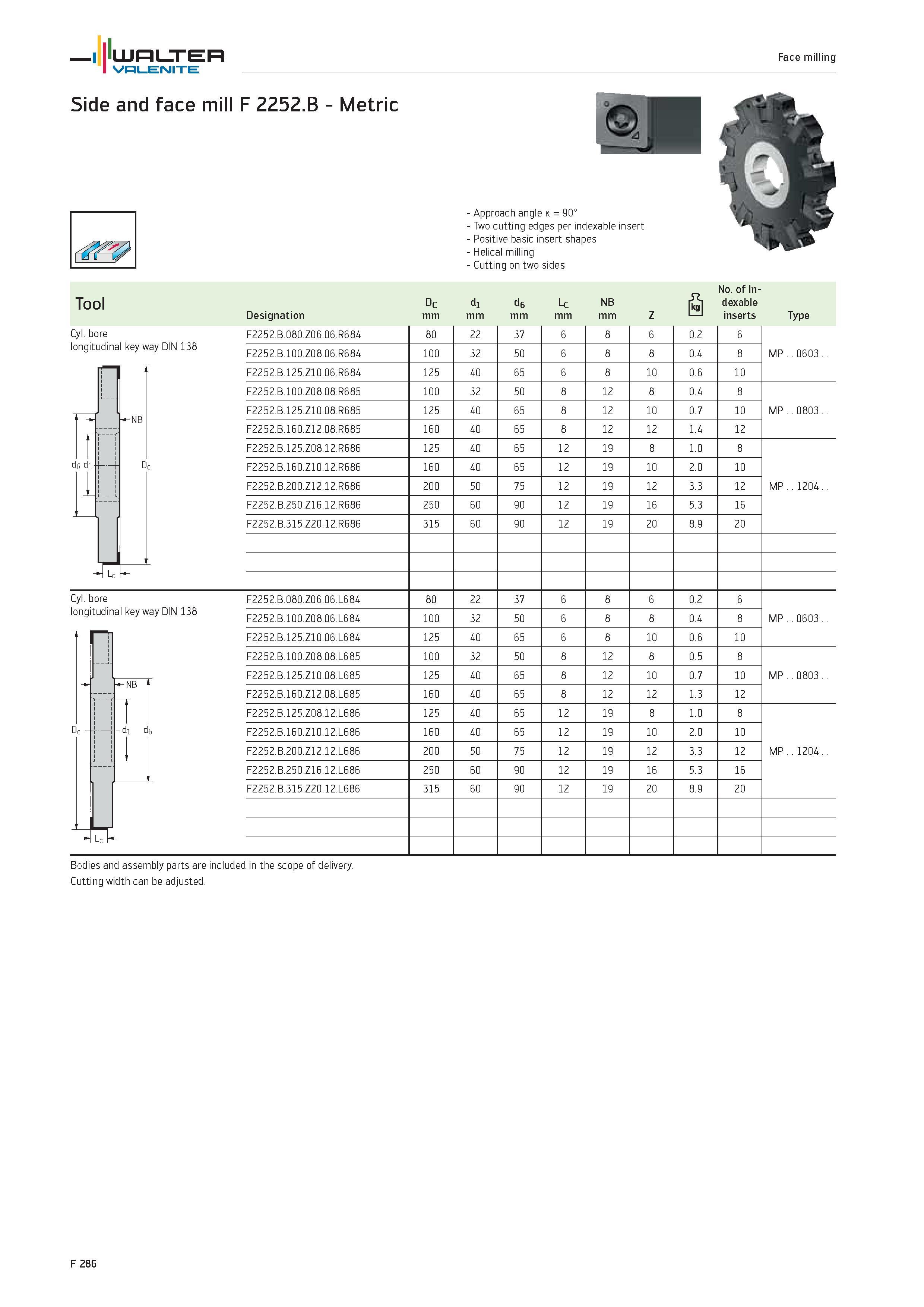 2214 WALTER Valenite Face milling Side and face mill F 2252 B Metric Cyl bore longitudinal key way DIN 138 r d6 di Approach angle k 90° Two cutting ed Каталог WALTER 2012 Металлорежущий инструмент и инструментальная оснастка Valenite для станков и металлообрабатывающих комплексов Стр. F286