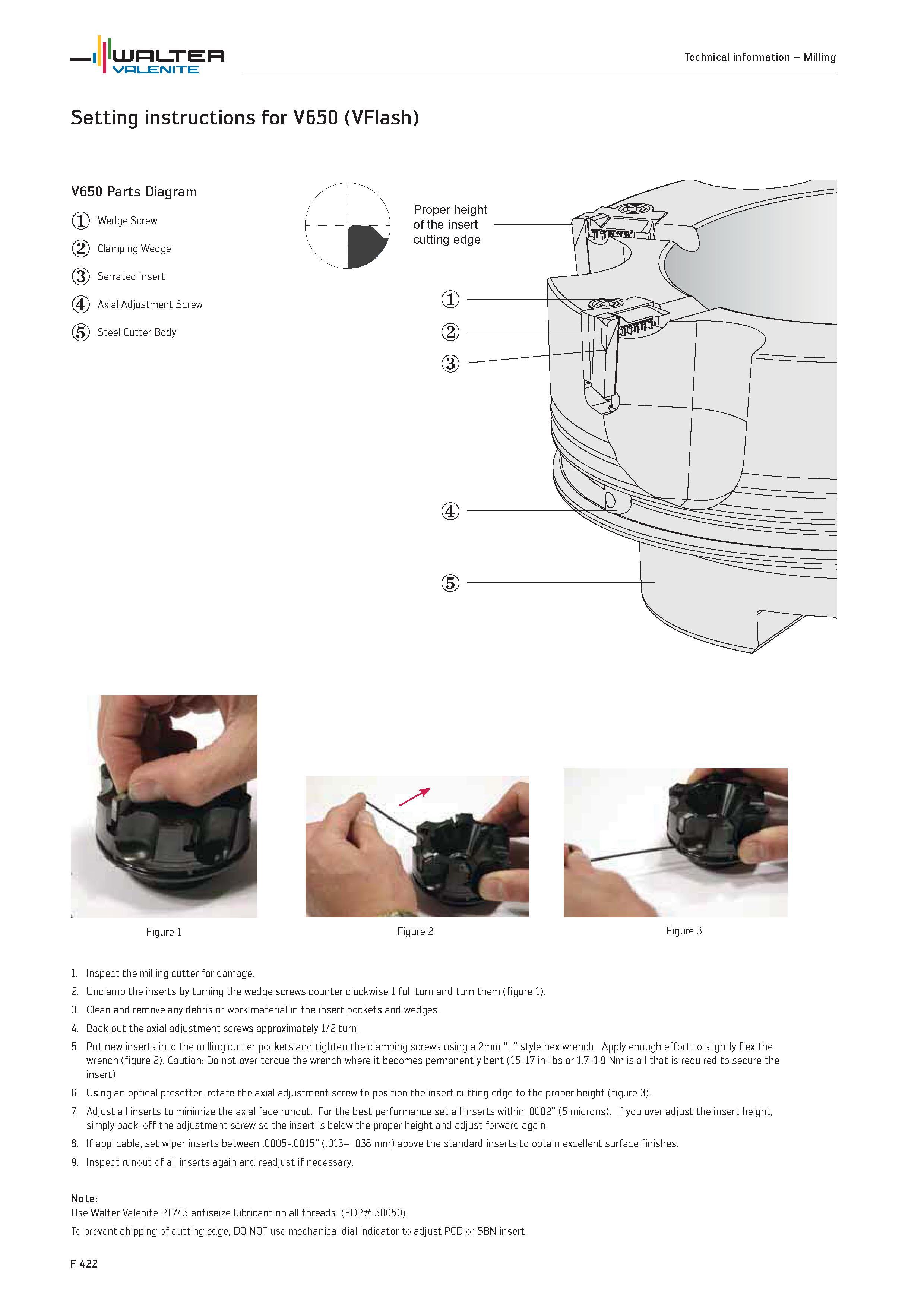 2350 Setting instructions for Walter V650 (VFlash) V650 Parts Diagram Wedge Screw Clamping Wedge Serrated Insert Axial Adjustment Screw Steel Cutter B Каталог WALTER 2012 Металлорежущий инструмент и инструментальная оснастка Valenite для станков и металлообрабатывающих комплексов Стр. F422