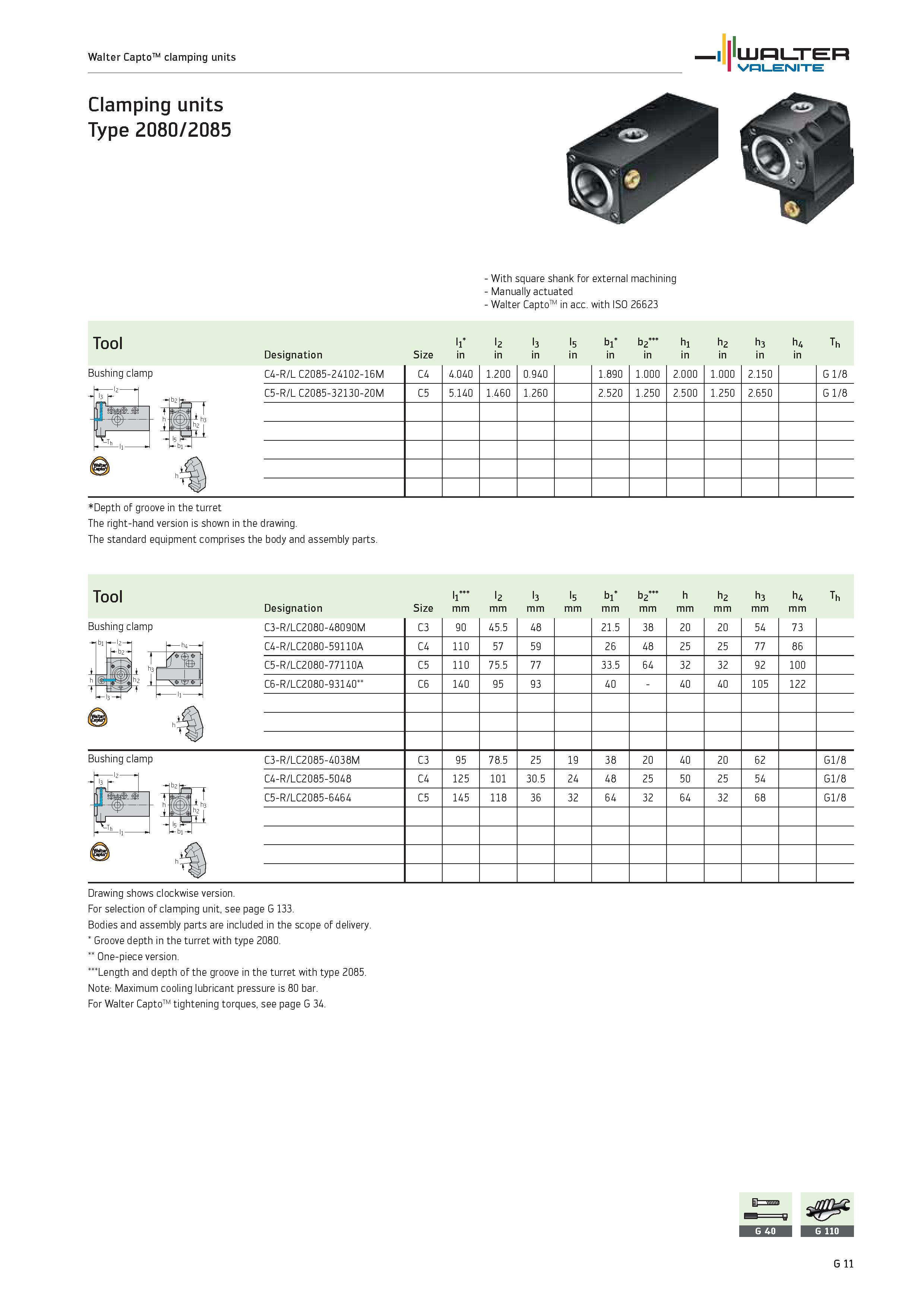 2393 Walter CaptoTM clamping units WALTER Valenite Clamping units Type 2080/2085 Bushing clamp MJ With square shank for external machining Manually ac Каталог WALTER 2012 Металлорежущий инструмент и инструментальная оснастка Valenite для станков и металлообрабатывающих комплексов Стр. G11