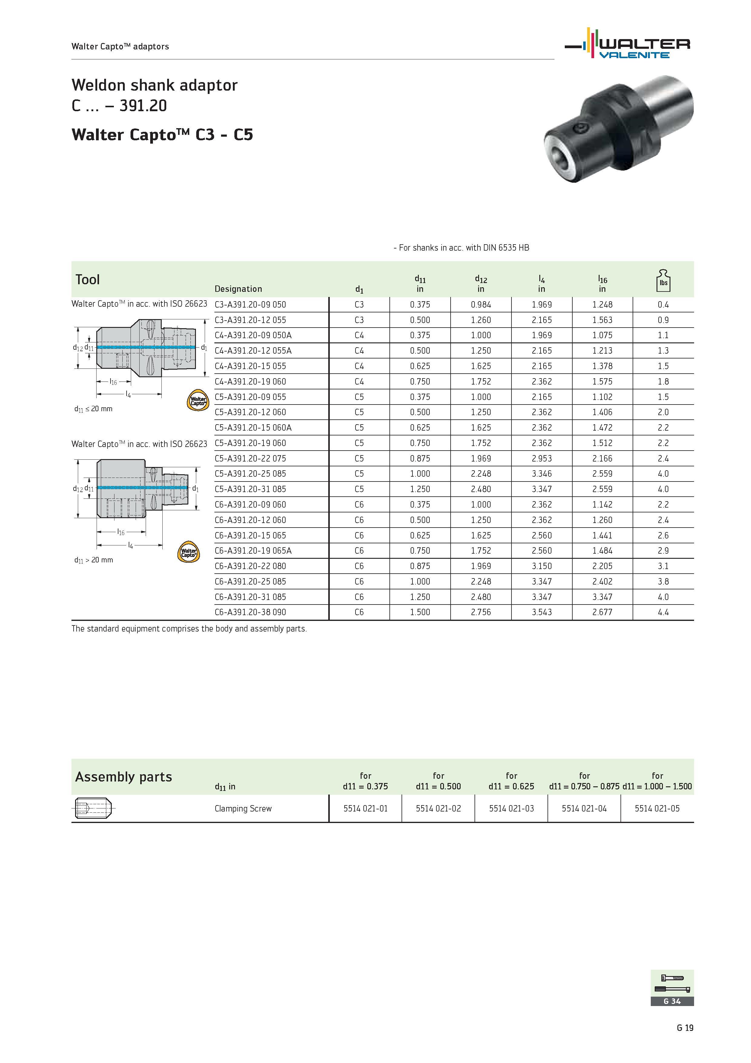 2401 Walter CaptoTM adaptors WALTER Valenite Weldon shank adaptor C 391 20 Walter CaptoTM C3 C5 For shanks in acc with DIN 6535 HB Tool TM di2dii dn < Каталог WALTER 2012 Металлорежущий инструмент и инструментальная оснастка Valenite для станков и металлообрабатывающих комплексов Стр. G19