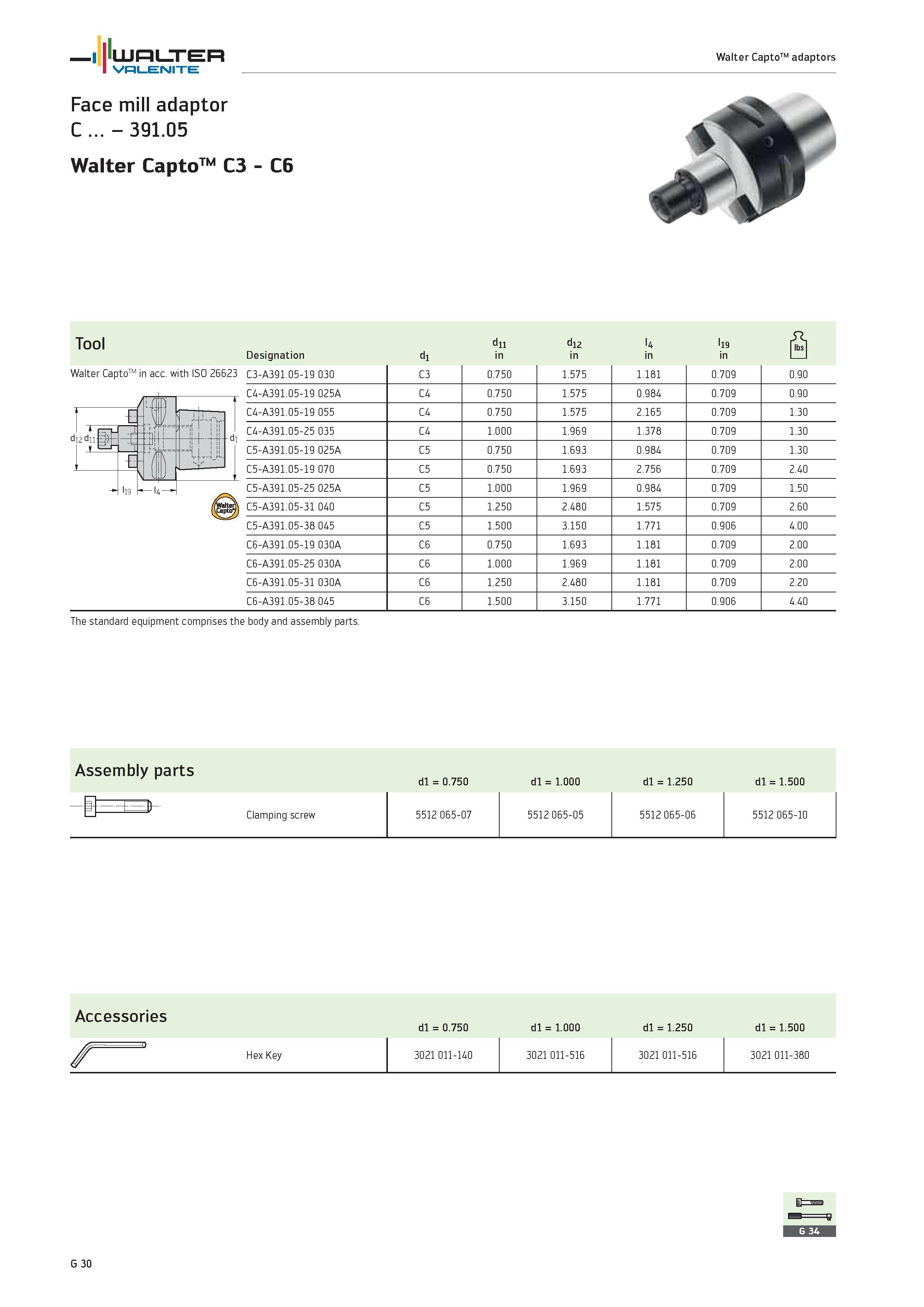 2412 WALTER Valenite Walter CaptoTM adaptors Face mill adaptor C 391 05 Walter CaptoTM C3 C6 Tool d11 d12 U l19 flbsl Designation d1 in 1 1 T di2 dii Каталог WALTER 2012 Металлорежущий инструмент и инструментальная оснастка Valenite для станков и металлообрабатывающих комплексов Стр. G30
