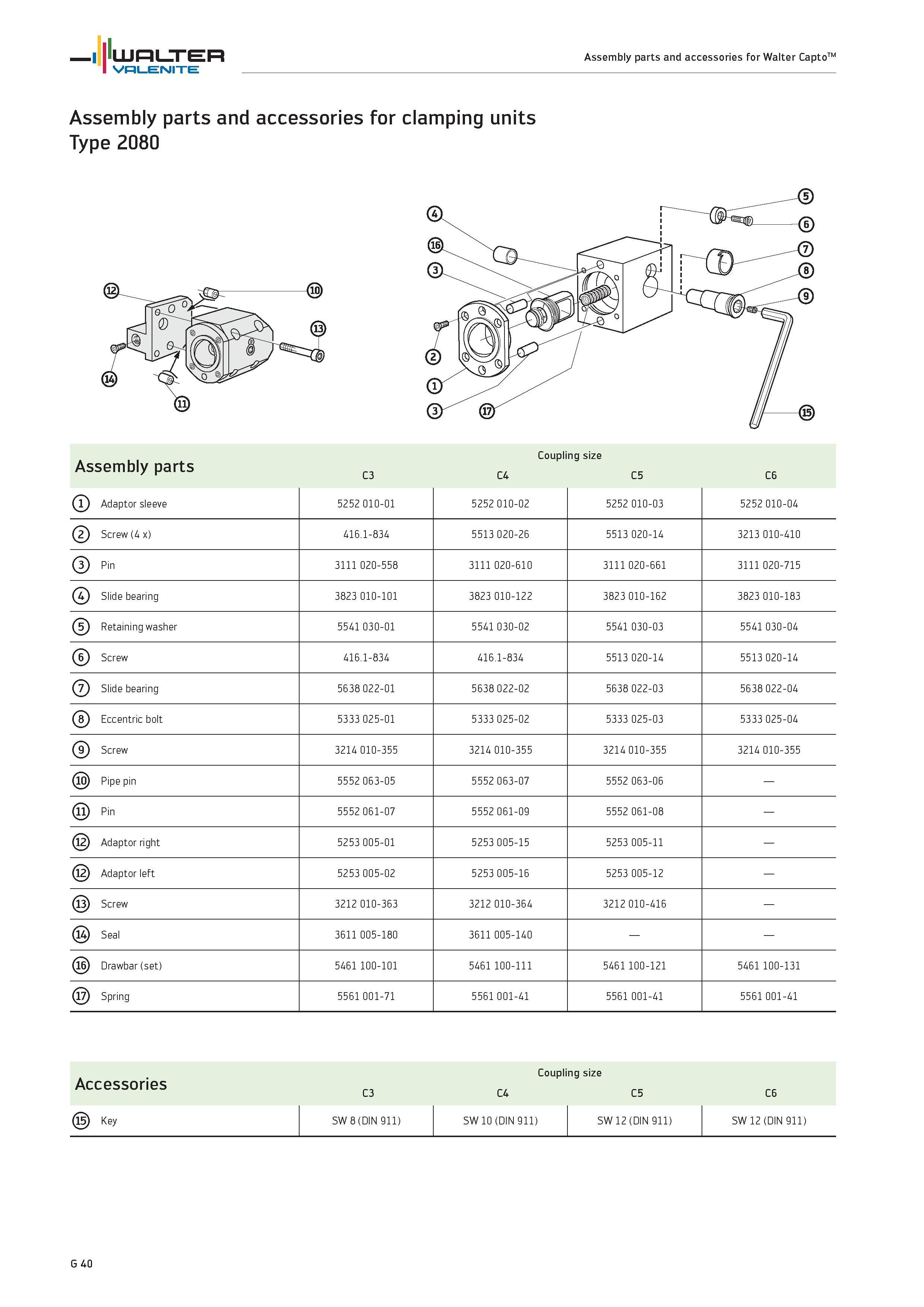 2422 WALTER Valenite Assembly parts and accessories for Walter CaptoTM Assembly parts and accessories for clamping units Type 2080 Assembly parts Coup Каталог WALTER 2012 Металлорежущий инструмент и инструментальная оснастка Valenite для станков и металлообрабатывающих комплексов Стр. G40