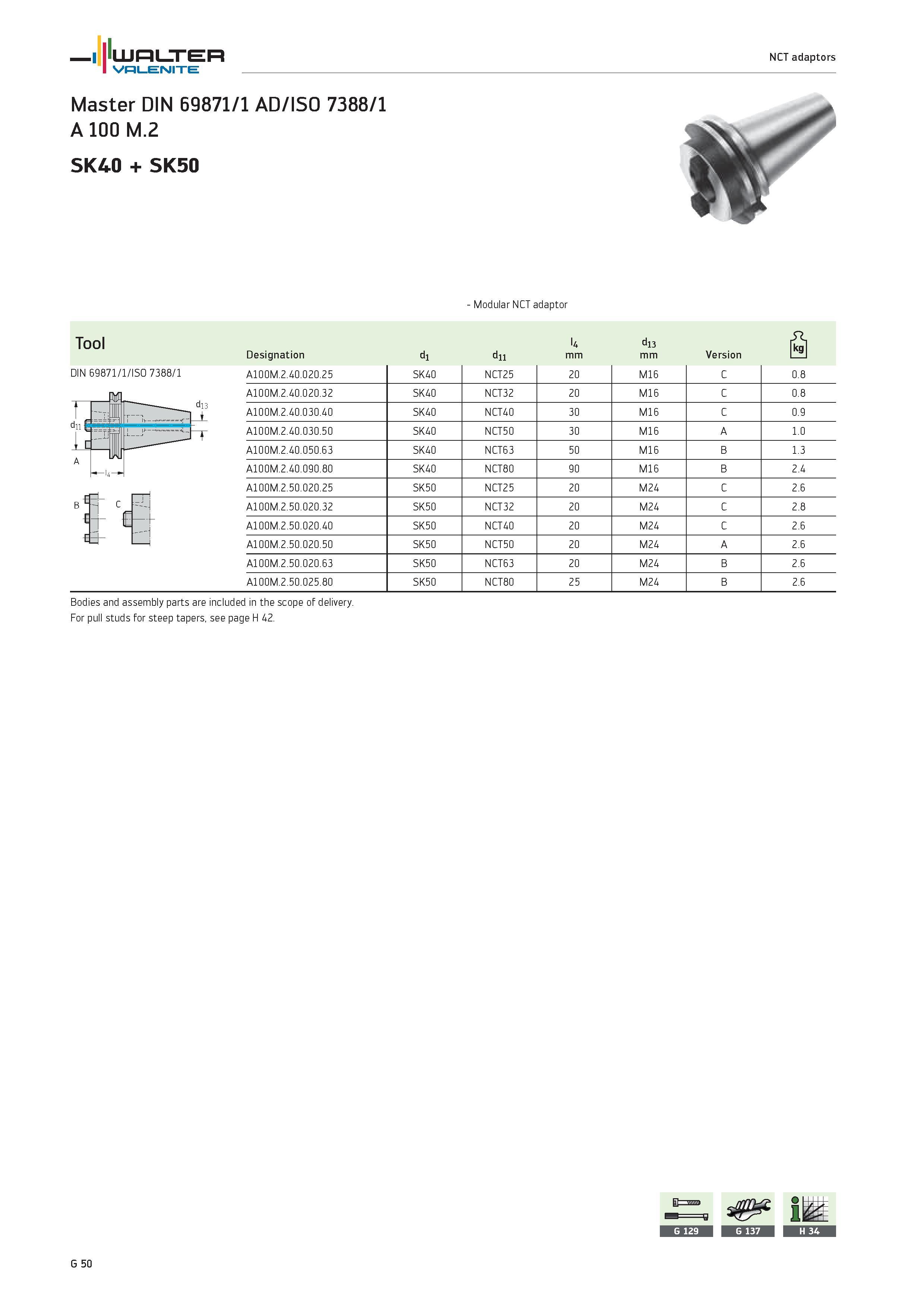 2432 WALTER Valenite NCT adaptors Master DIN 69871/1 AD/ISO 7388/1 A 100 M 2 SK40 + SK50 Modular NCT adaptor Tool DIN 69871/1/ISO 7388/1 Designation d Каталог WALTER 2012 Металлорежущий инструмент и инструментальная оснастка Valenite для станков и металлообрабатывающих комплексов Стр. G50