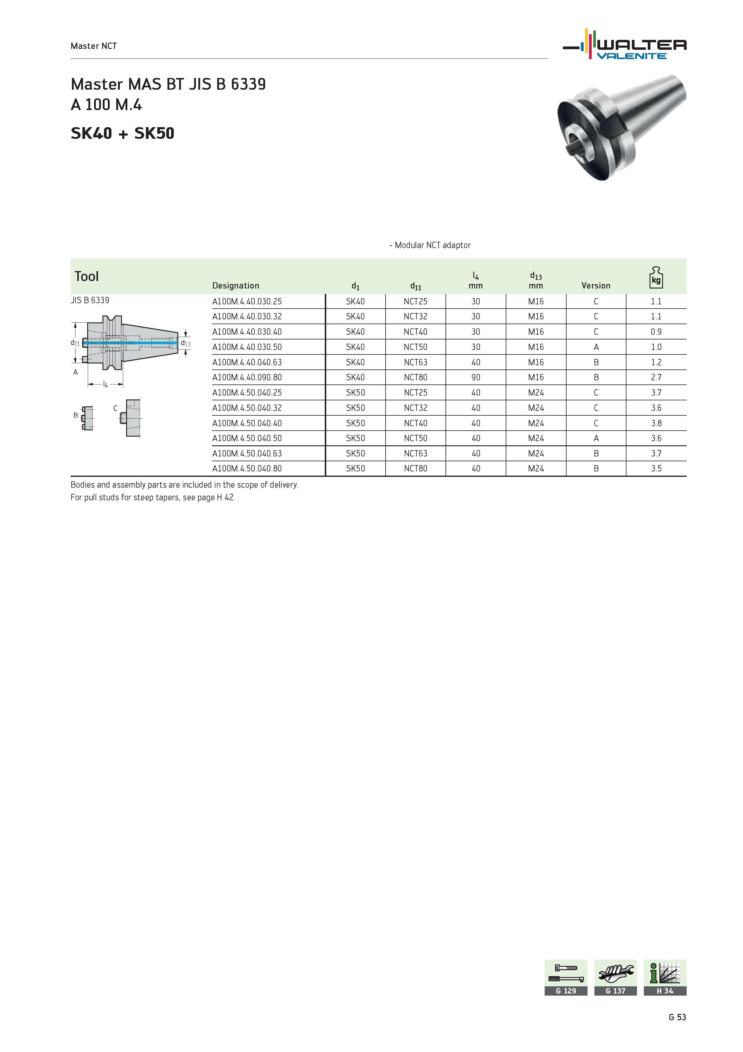 2435 WALTER Valenite Master NCT Master MAS BT JIS B 6339 A 100 M 4 SK40 + SK50 Modular NCT adaptor Tool JIS B 6339 Designation d1 d11 l4 mm d13 mm Ver Каталог WALTER 2012 Металлорежущий инструмент и инструментальная оснастка Valenite для станков и металлообрабатывающих комплексов Стр. G53