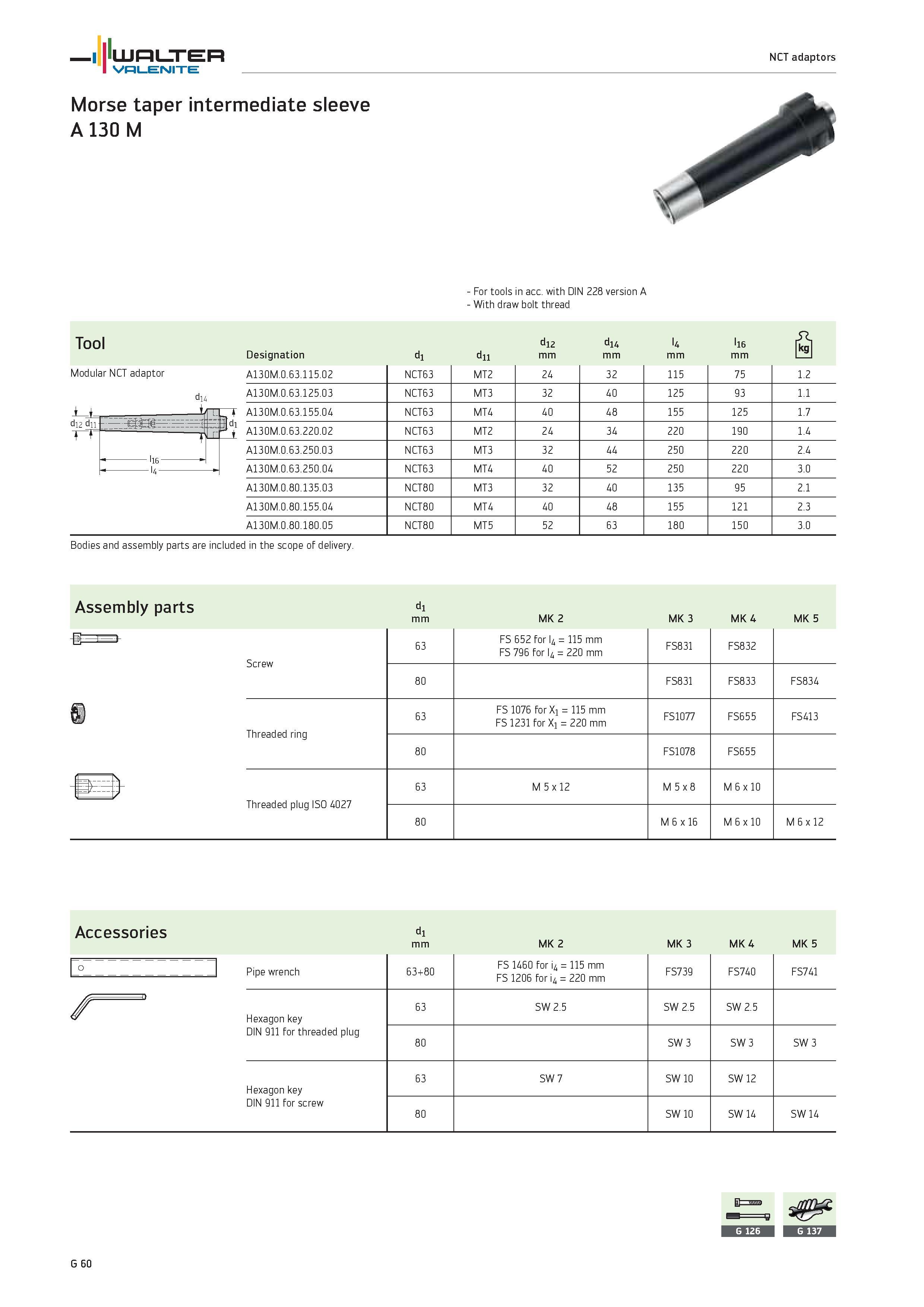 2442 WALTER Valenite NCT adaptors Morse taper intermediate sleeve A 130 M For tools in acc with DIN 228 version A With draw bolt thread Tool Designati Каталог WALTER 2012 Металлорежущий инструмент и инструментальная оснастка Valenite для станков и металлообрабатывающих комплексов Стр. G60