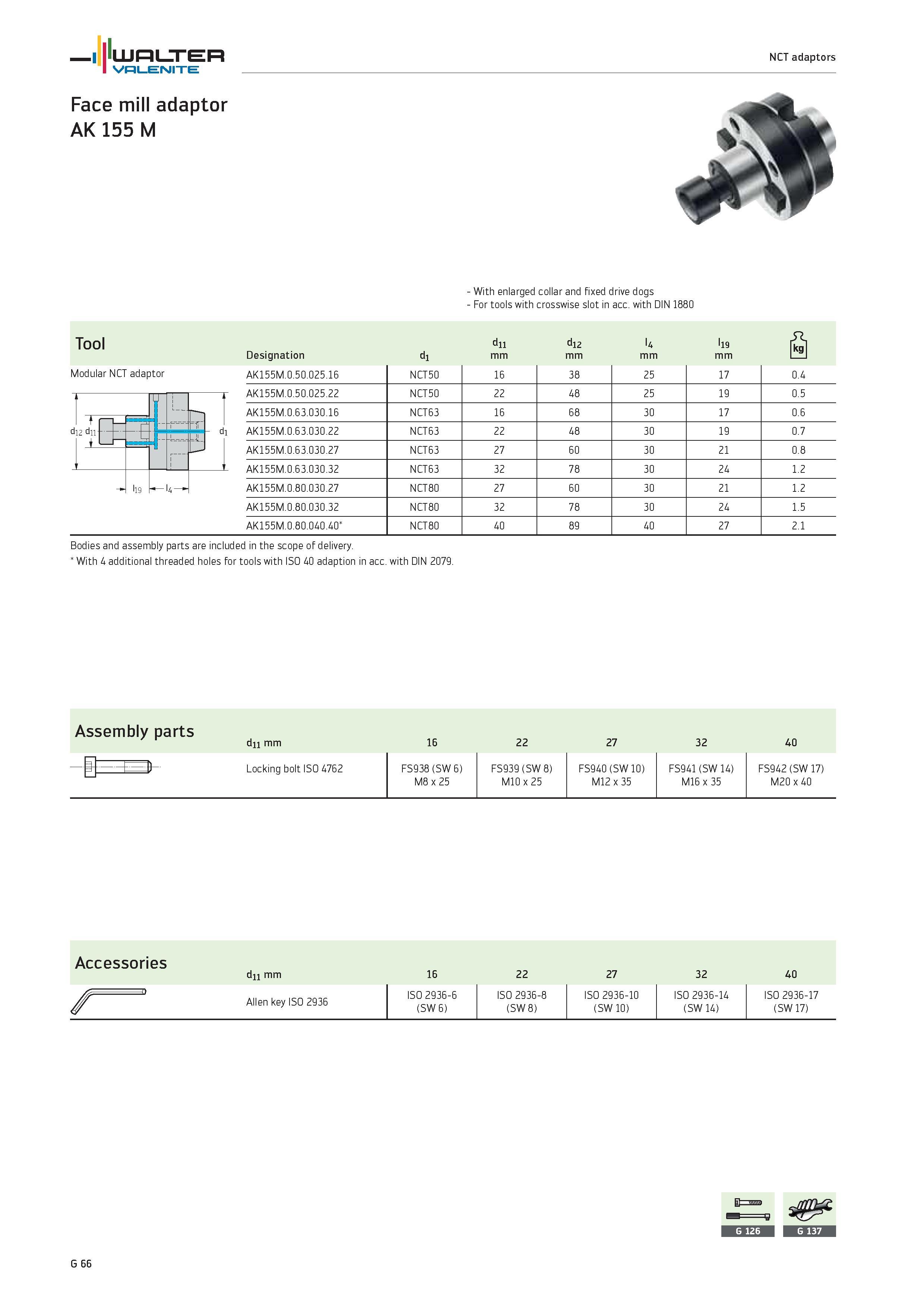 2448 - With enlarged collar and fixed drive dogs For tools with crosswise slot in acc with DIN 1880 Tool Designation d1 dn mm d12 mm l4 mm l19 mm S Mo Каталог WALTER 2012 Металлорежущий инструмент и инструментальная оснастка Valenite для станков и металлообрабатывающих комплексов Стр. G66