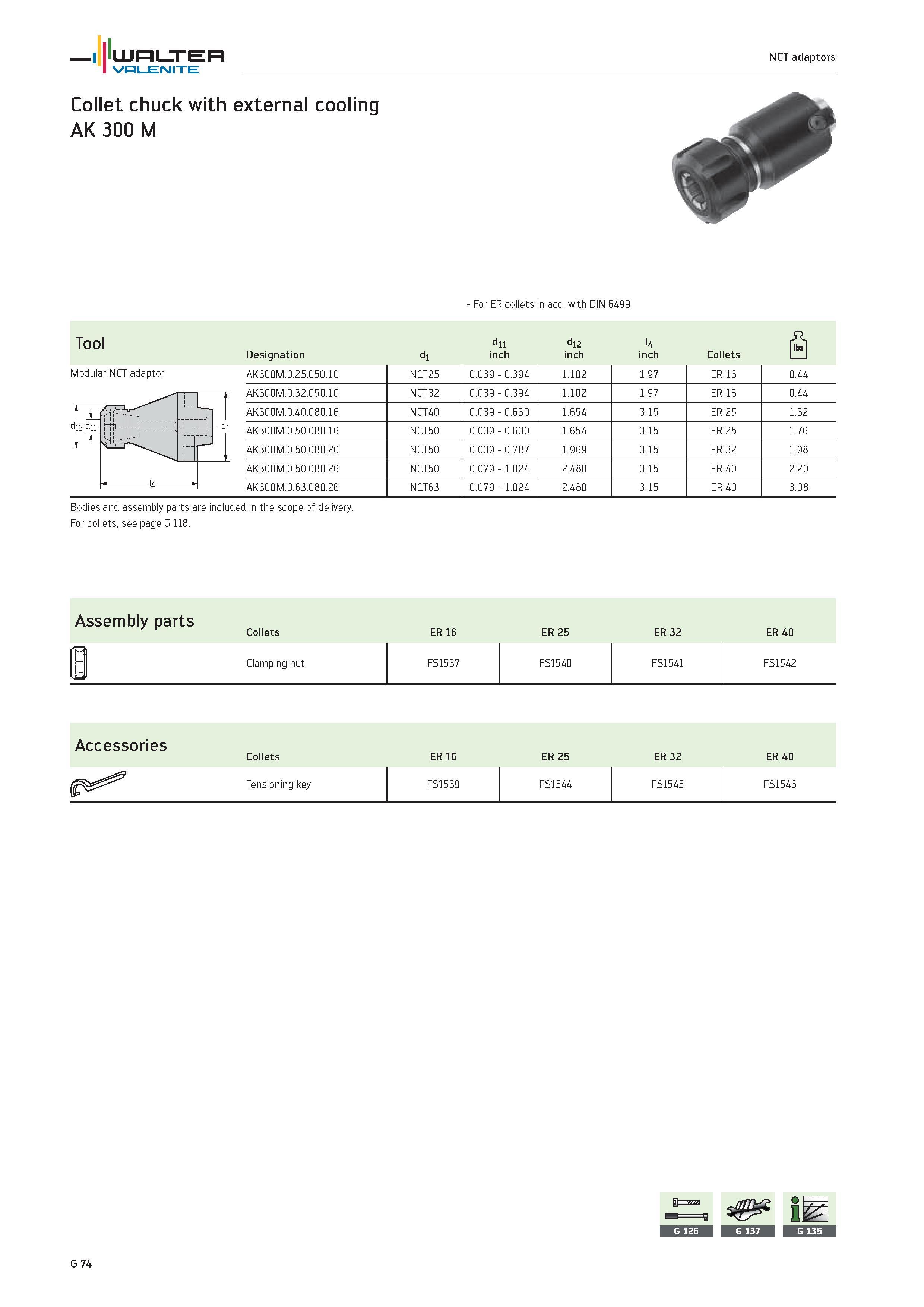 2456 - For ER collets in acc with DIN 6499 Tool d11 d12 l4 ribsi Designation d1 inch inch inch Collets II Modular NCT adaptor AK300M 0 25 050 10 NCT25 Каталог WALTER 2012 Металлорежущий инструмент и инструментальная оснастка Valenite для станков и металлообрабатывающих комплексов Стр. G74