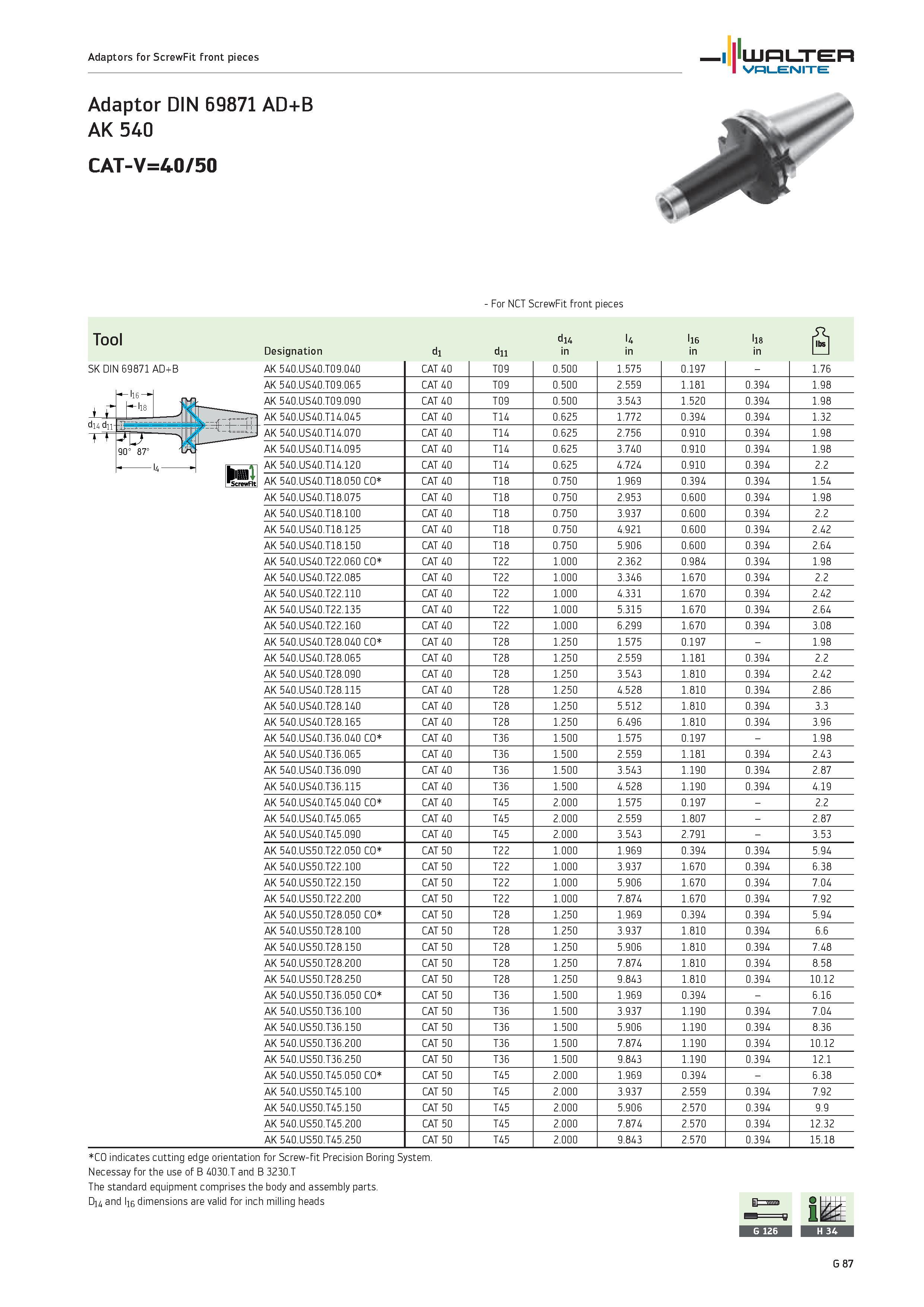 2469 Adaptors for ScrewFit front pieces WALTER Valenite Adaptor DIN 6987i AD+B AK 540 CAT-V=40/50 For NCT ScrewFit front pieces Tool SK DIN 69871 AD+B Каталог WALTER 2012 Металлорежущий инструмент и инструментальная оснастка Valenite для станков и металлообрабатывающих комплексов Стр. G87