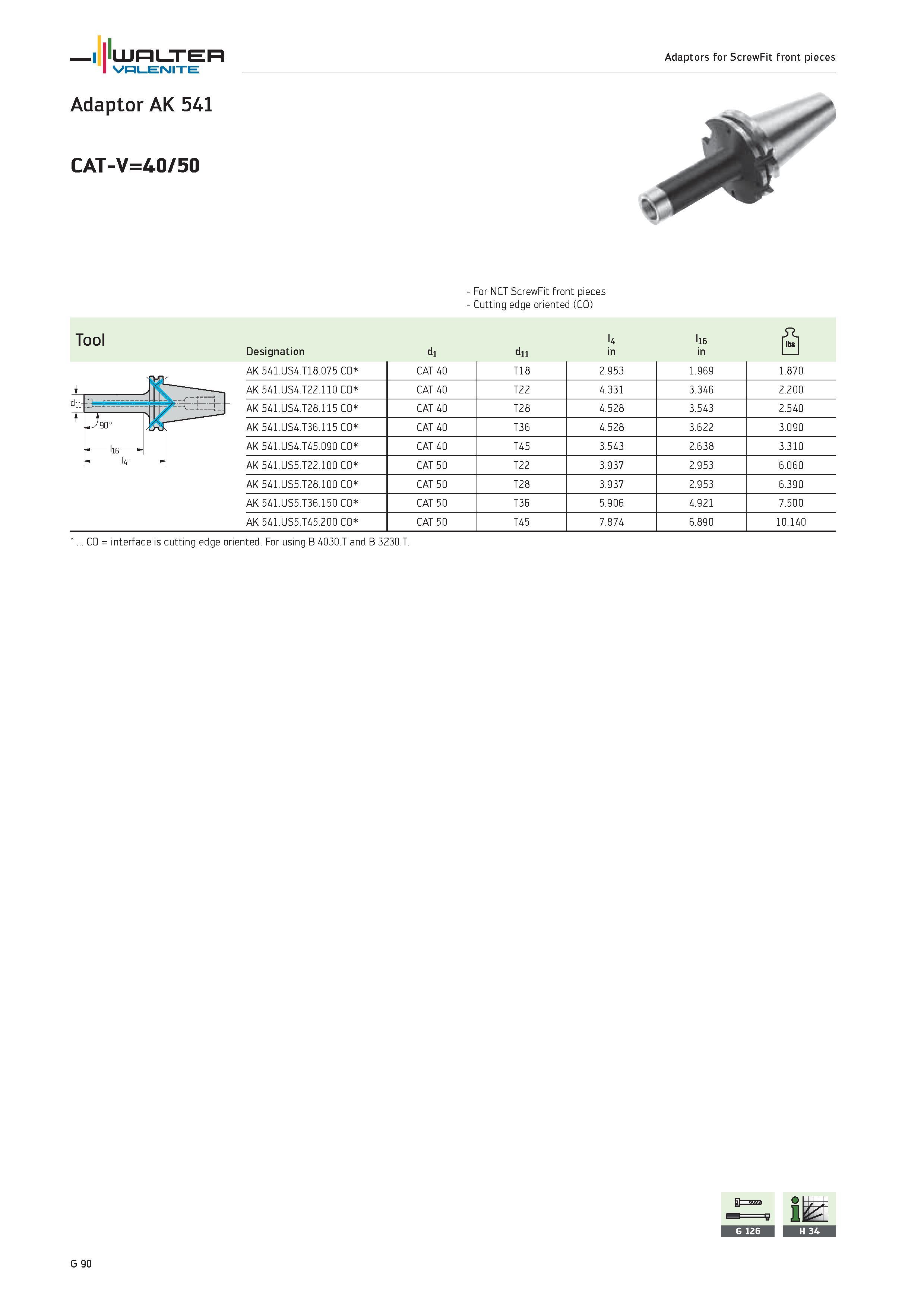 2472 WALTER Valenite Adaptors for ScrewFit front pieces Adaptor AK 54i CAT-V=40/50 For NCT ScrewFit front pieces Cutting edge oriented (CO) Tool U li6 Каталог WALTER 2012 Металлорежущий инструмент и инструментальная оснастка Valenite для станков и металлообрабатывающих комплексов Стр. G90