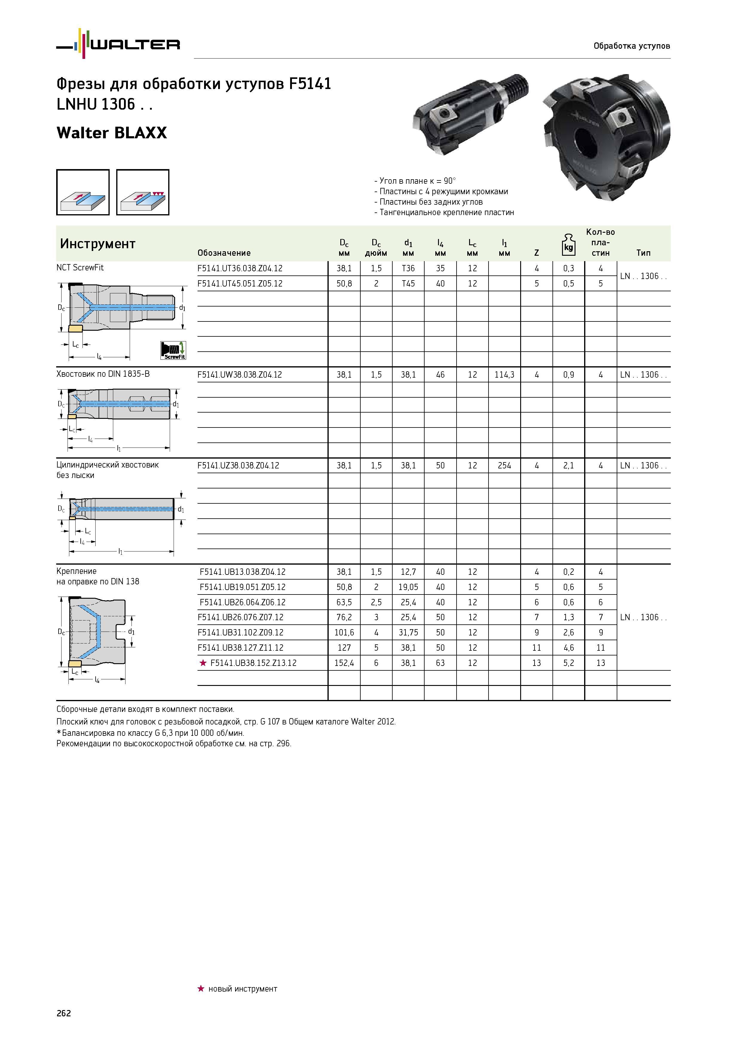 264 Walter Обработка уступов Фрезы для обработки уступов F5141 LNHU 1306 Walter BLAXX Угол в плане к 90° Пластины с 4 режущими кромками Пластины без задних углов Та Каталог WALTER 2014 Новая продукция Металлорежущий инструмент и инструментальная оснастка Резцы Пластины Сверла Фрезы Издание 14-2 Стр. 262