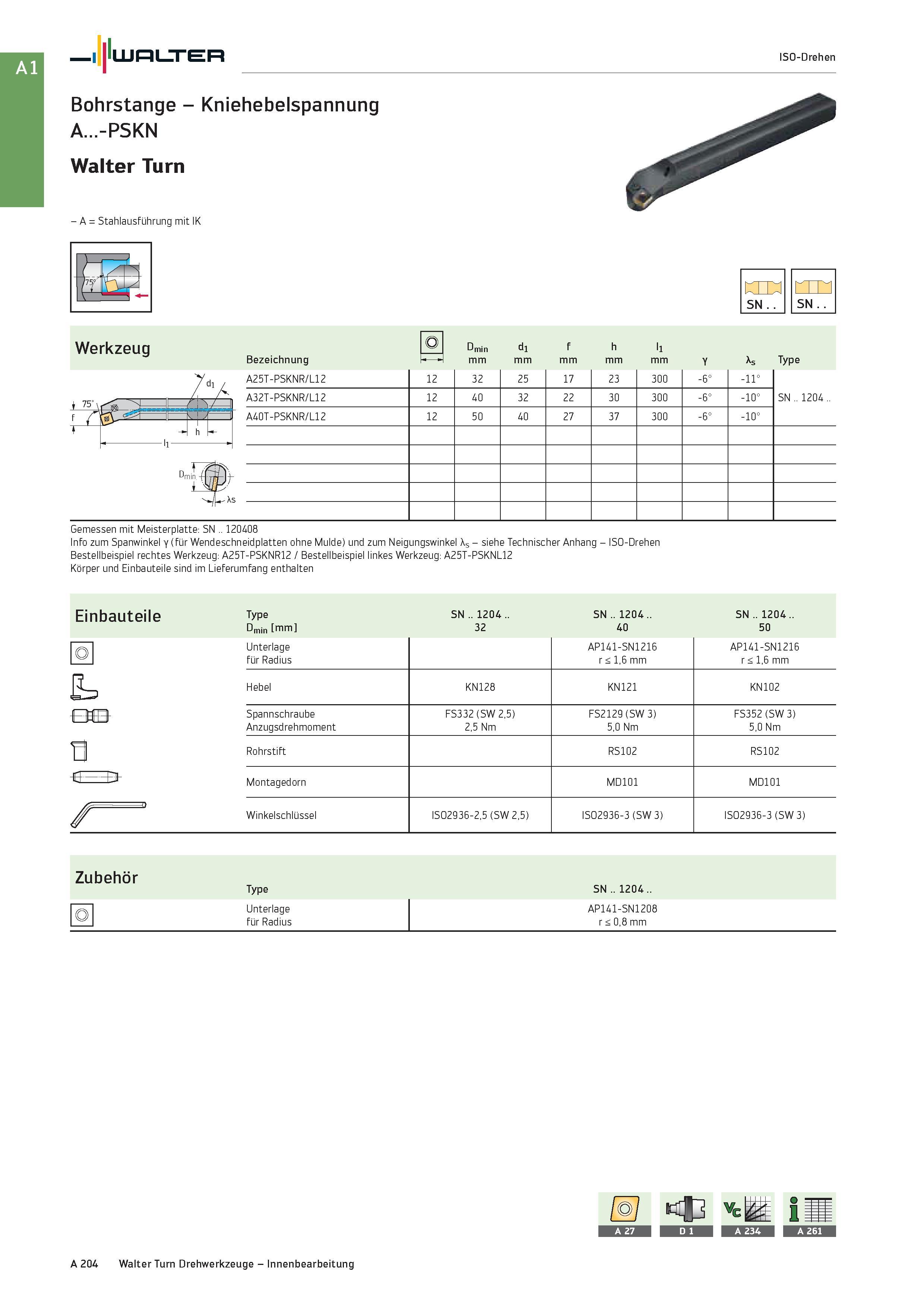 220 - A = Stahlausführung mit IK ran SN SN Werkzeug Bezeichnung min mm d1 mm f mm h mm l1 mm Type Info zum Spanwinkel y (für Wendeschneidplatten ohne Каталог WALTER 2016 Общий Инструмент станочный режущий и инструментальная оснастка Фрезы монолитные и сборные с твердосплавными сменными пластинами Сверла Резцы Оправки Стр. A204