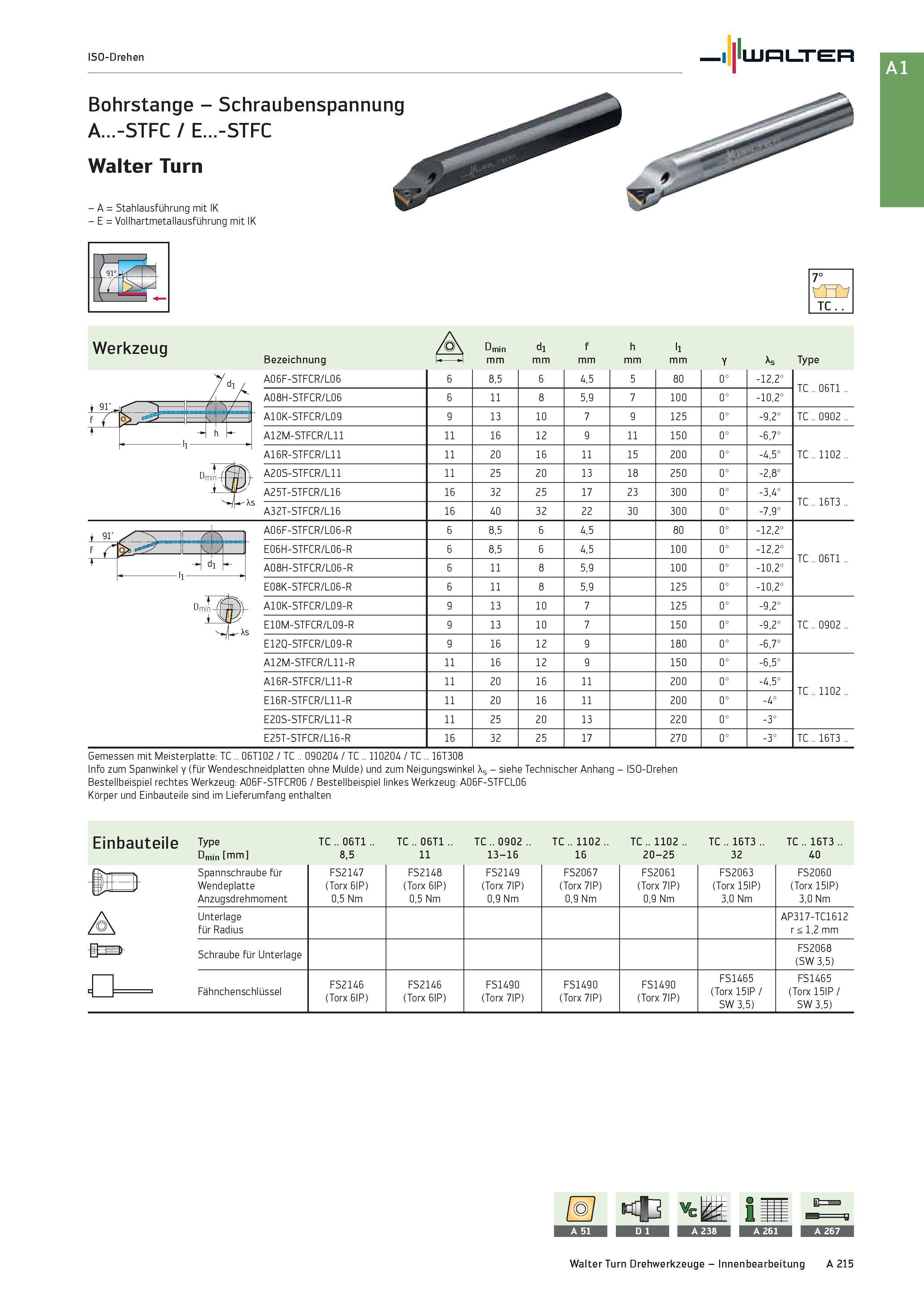 231 ISO-Drehen Bohrstange - Schraubenspannung A -STFC / E -STFC Walter Turn - A = Stahlausführung mit IK - E = Vollhartmetallausführung mit IK 7° TC Каталог WALTER 2016 Общий Инструмент станочный режущий и инструментальная оснастка Фрезы монолитные и сборные с твердосплавными сменными пластинами Сверла Резцы Оправки Стр. A215