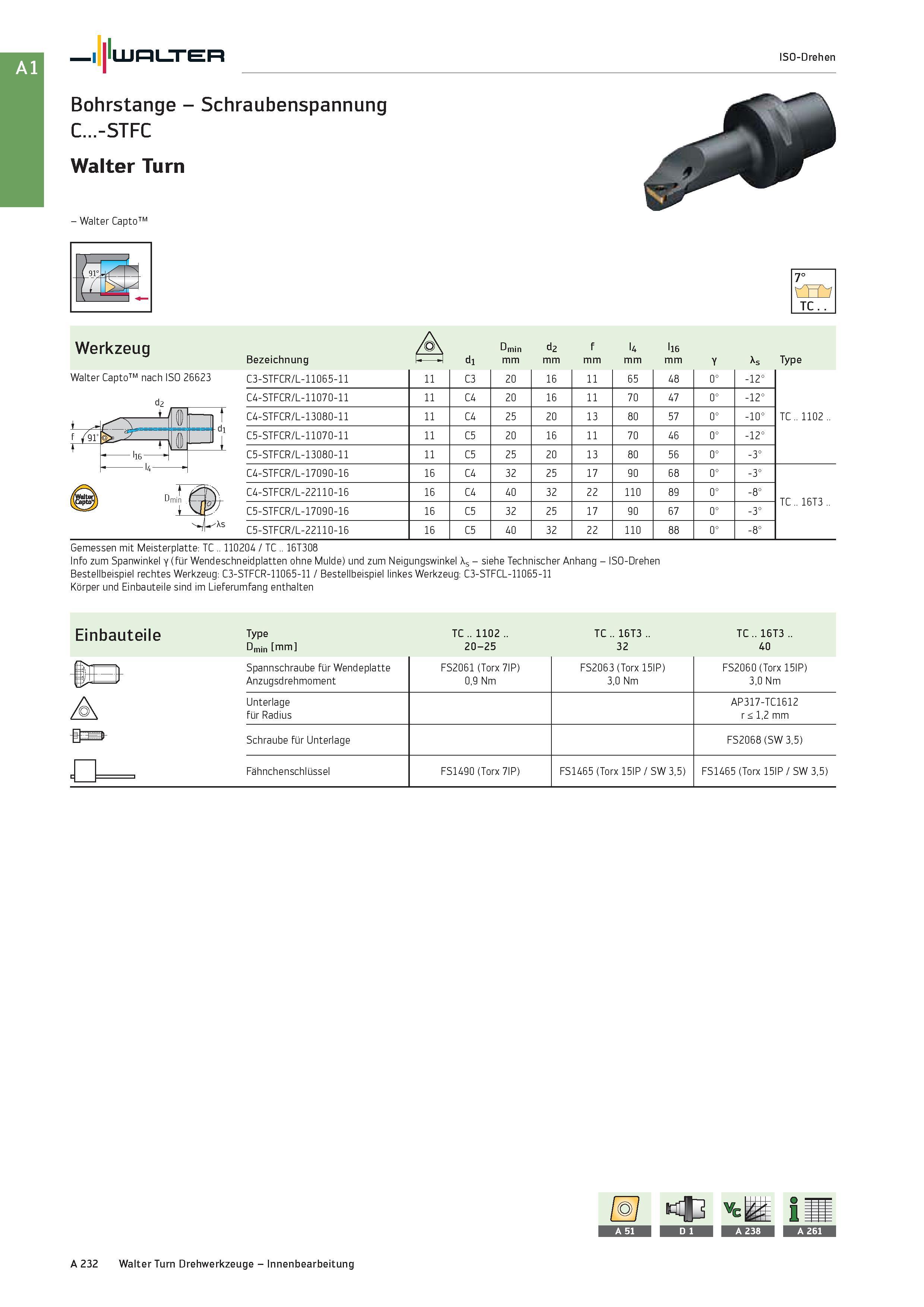 248 Walter ISO-Drehen Bohrstange - Schraubenspannung C -STFC Walter Turn - Walter Capto Werkzeug Walter Capto nach ISO 26623 7° y TC Bezeichnung A di Каталог WALTER 2016 Общий Инструмент станочный режущий и инструментальная оснастка Фрезы монолитные и сборные с твердосплавными сменными пластинами Сверла Резцы Оправки Стр. A232