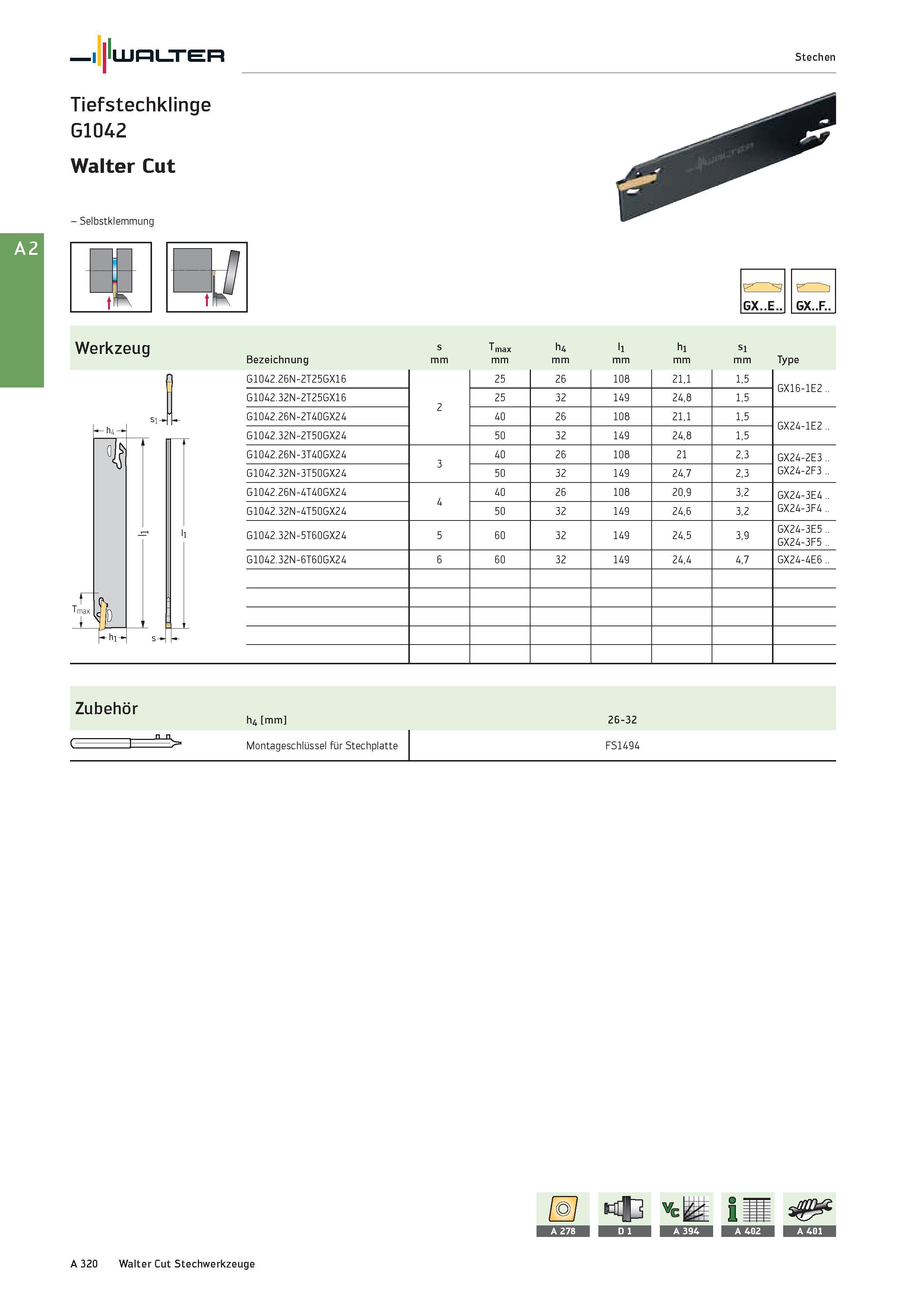 336 Walter Stechen Tiefstechklinge G1042 Walter Cut - Selbstklemmung Tmax hi- J ui >< LD GX F Werkzeug s T max h4 ll hl Sl Bezeichnung mm Type G1042 Каталог WALTER 2016 Общий Инструмент станочный режущий и инструментальная оснастка Фрезы монолитные и сборные с твердосплавными сменными пластинами Сверла Резцы Оправки Стр. A320