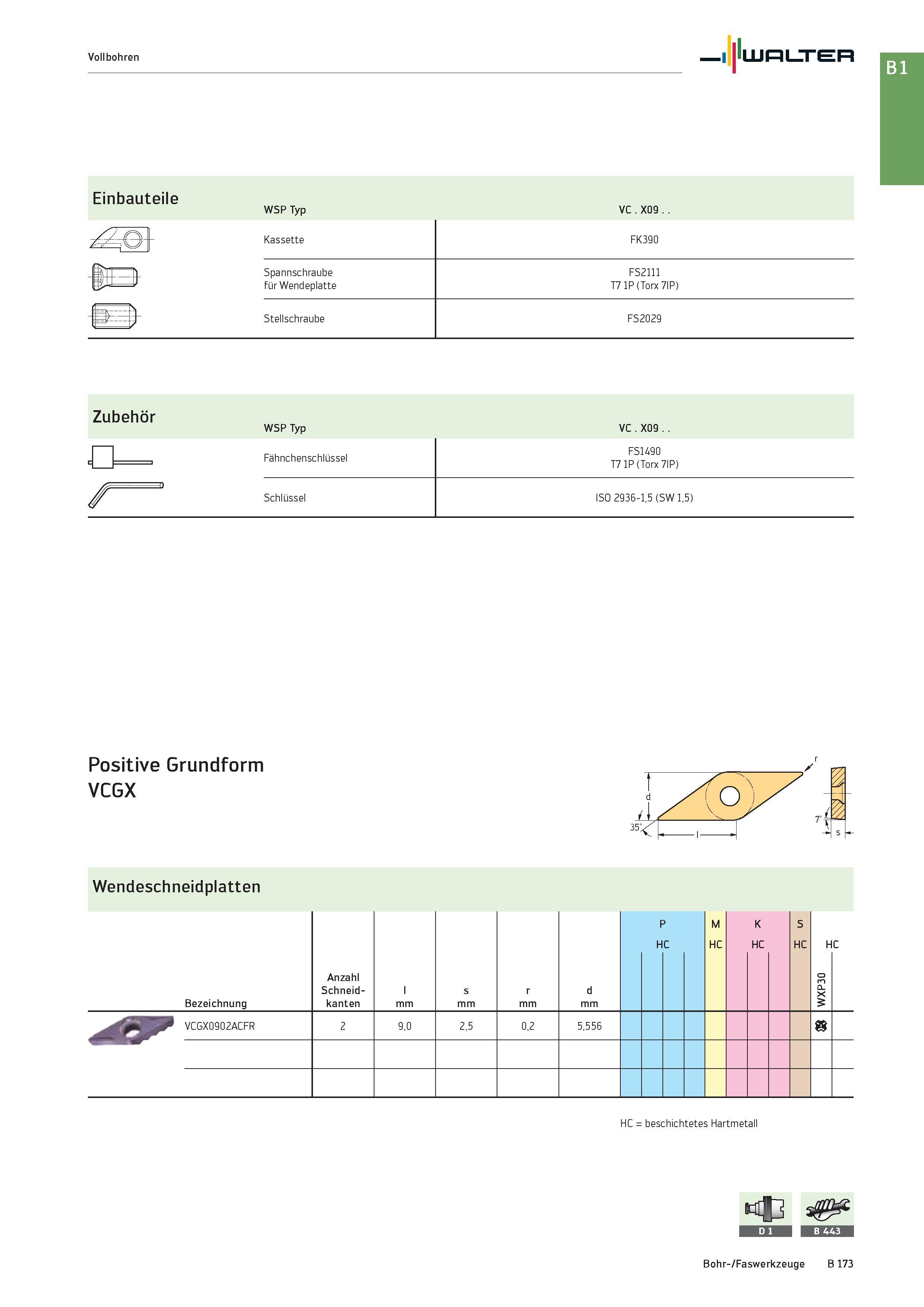 687 Vollbohren Walter Einbauteile WSP Typ VC X09 Zubehör WSP Typ VC X09 Fähnchenschlüssel FS1490 T7 1P (Torx 7IP) f Schlüssel ISO 2936-1,5 (SW 1,5) P Каталог WALTER 2016 Общий Инструмент станочный режущий и инструментальная оснастка Фрезы монолитные и сборные с твердосплавными сменными пластинами Сверла Резцы Оправки Стр. B173