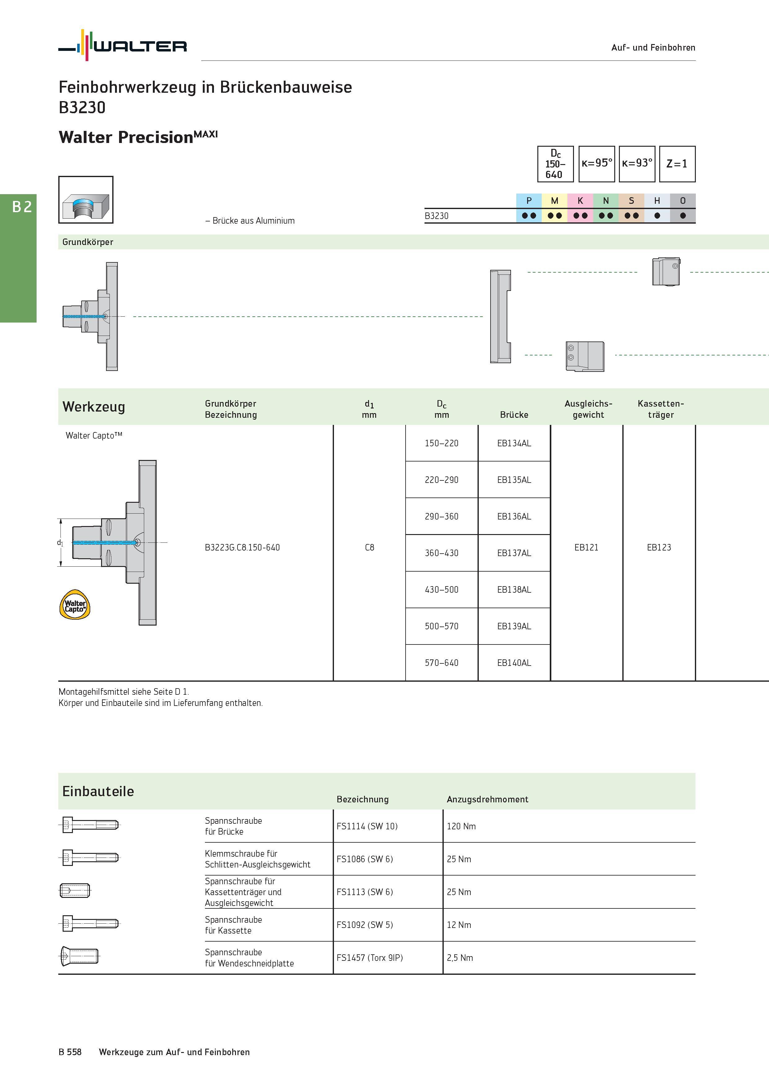 1072 Walter Auf- und Feinbohren Feinbohrwerkzeug in Brückenbauweise B3230 Walter PrecisionMAXI Grundkörper - Brücke aus Aluminium Dc 150- 640 k=95° k= Каталог WALTER 2016 Общий Инструмент станочный режущий и инструментальная оснастка Фрезы монолитные и сборные с твердосплавными сменными пластинами Сверла Резцы Оправки Стр. B558