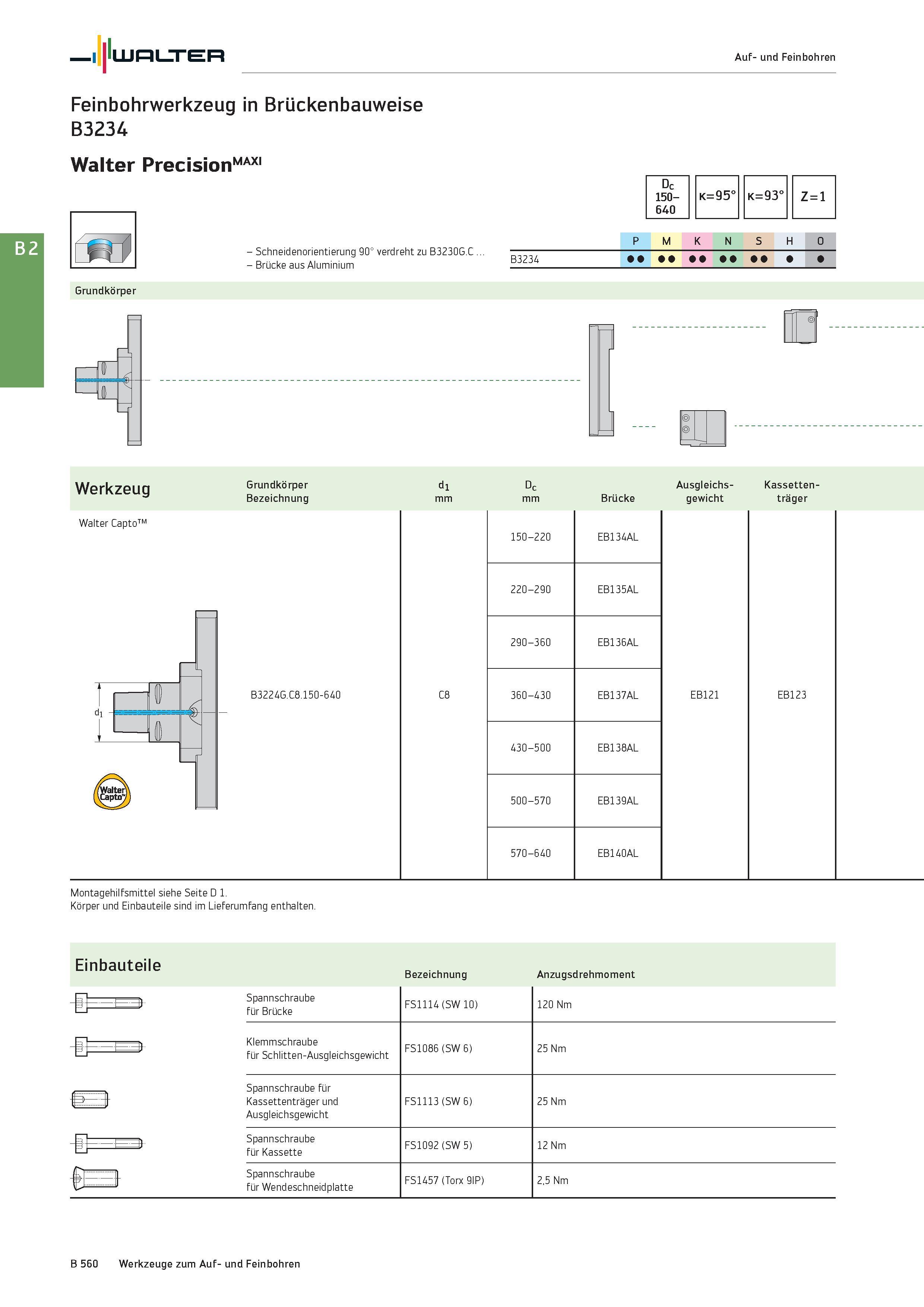 1074 Walter Auf- und Feinbohren Feinbohrwerkzeug in Brückenbauweise B3234 Walter PrecisionMAXI Grundkörper - Schneidenorientierung 90° verdreht zu B32 Каталог WALTER 2016 Общий Инструмент станочный режущий и инструментальная оснастка Фрезы монолитные и сборные с твердосплавными сменными пластинами Сверла Резцы Оправки Стр. B560