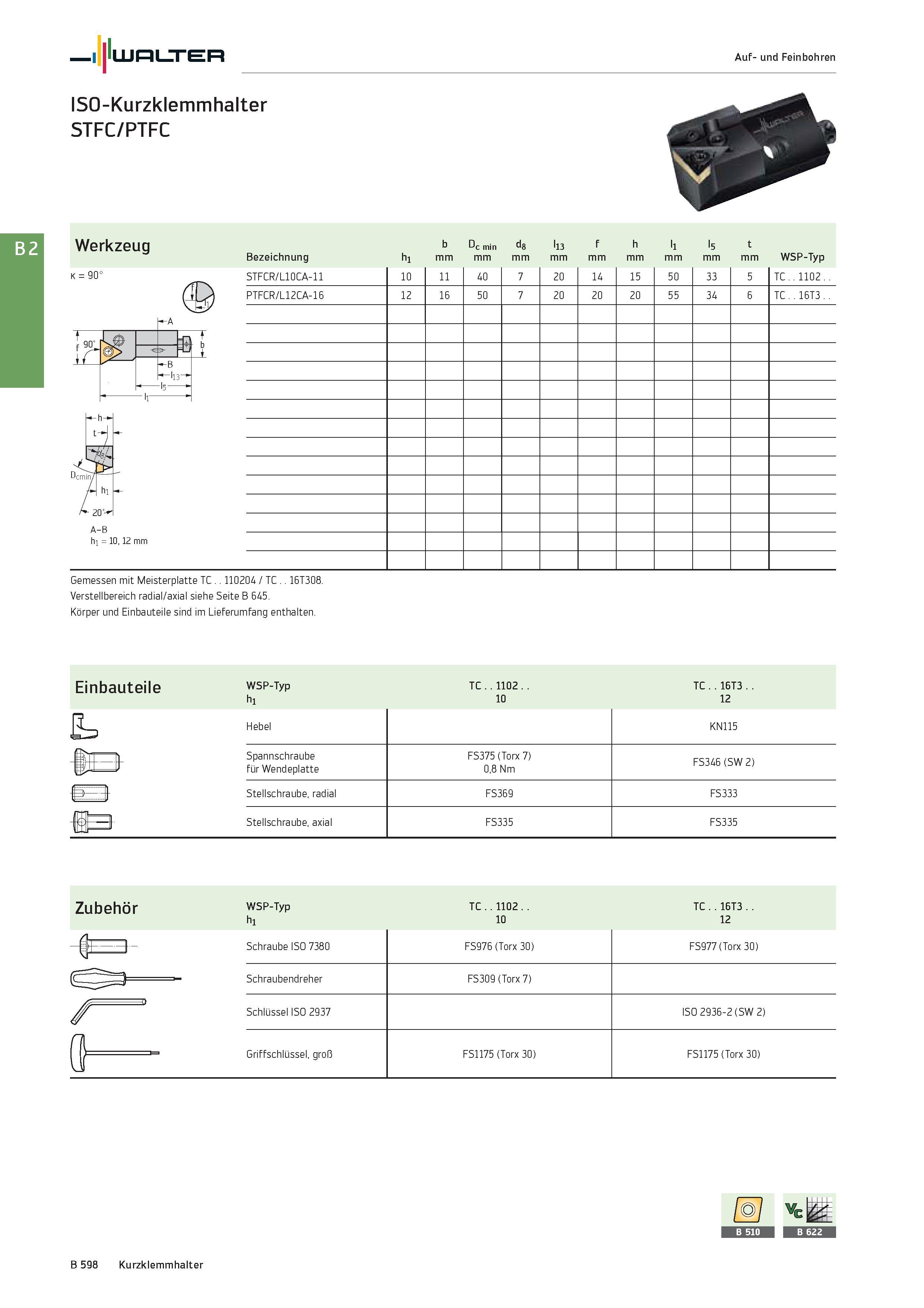 1112 Walter ISO-Kurzklemmhalter STFC/PTFC Auf- und Feinbohren Werkzeug K = 90° A-B h1 = 10, 12 mm Bezeichnung b mm c min mm l13 mm f mm h mm l1 mm l5 Каталог WALTER 2016 Общий Инструмент станочный режущий и инструментальная оснастка Фрезы монолитные и сборные с твердосплавными сменными пластинами Сверла Резцы Оправки Стр. B598