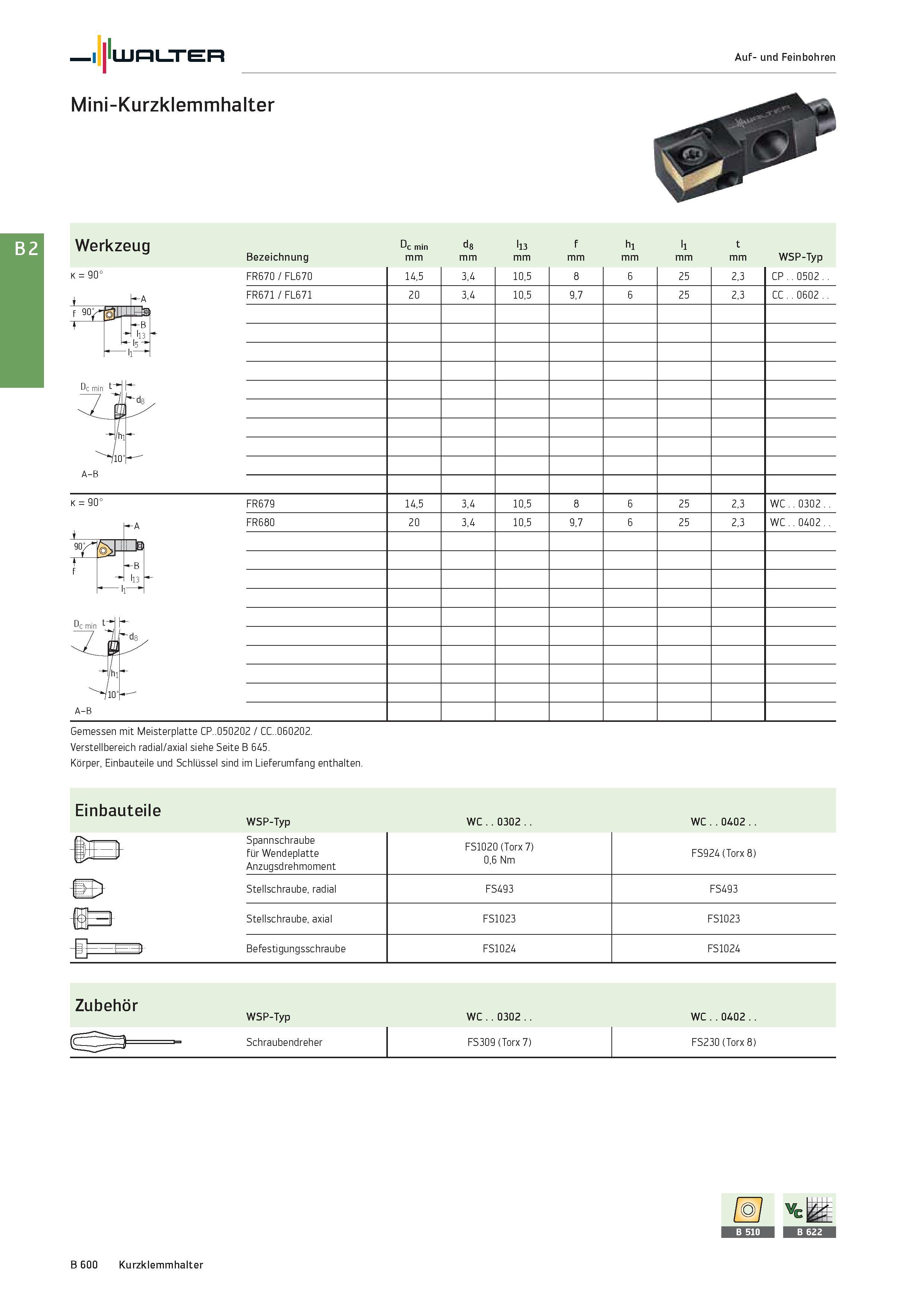 1114 Werkzeug Dc min d8 l13 f h1 l1 t Bezeichnung mm WSP-Typ k = 90° + -A 9 o 3 dp 1 Lte -B l13 l5 FR670 / FL670 14,5 3,4 10,5 8 6 25 2,3 CP 0502 FR67 Каталог WALTER 2016 Общий Инструмент станочный режущий и инструментальная оснастка Фрезы монолитные и сборные с твердосплавными сменными пластинами Сверла Резцы Оправки Стр. B600
