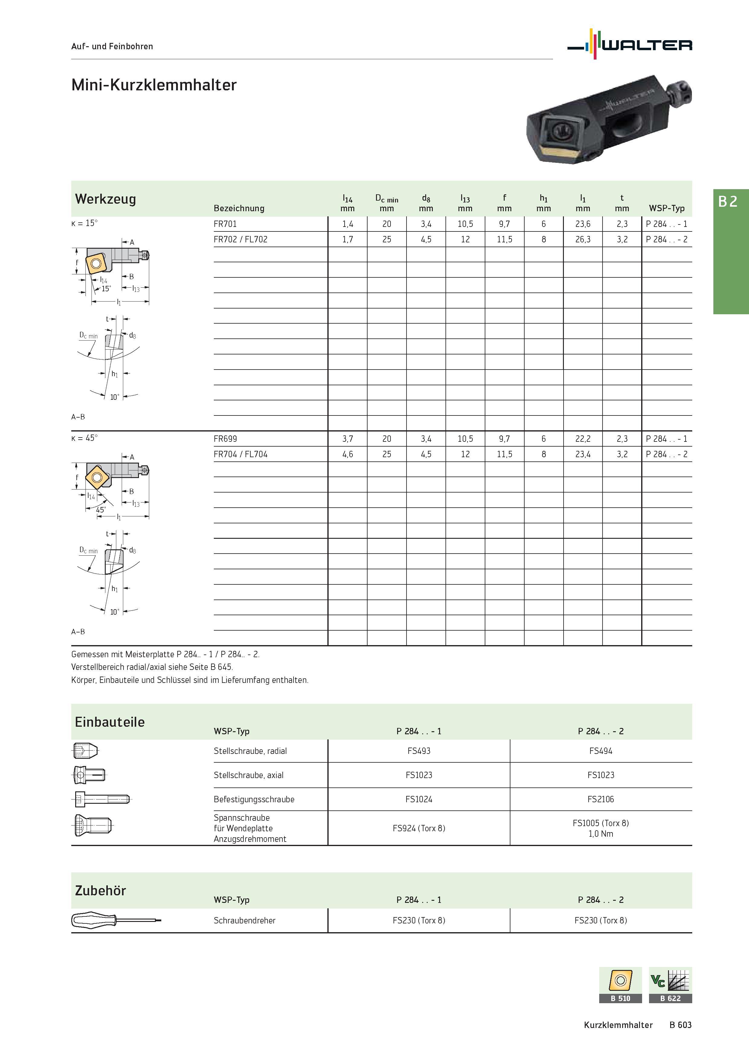 1117 Werkzeug l14 Dc min d8 l13 f h1 l1 t Bezeichnung mm WSP-Typ K = 15° min < -dE - / hi - 10' - FR701 FR702 / FL702 1,4 1,7 20 25 3,4 4,5 10,5 12 9, Каталог WALTER 2016 Общий Инструмент станочный режущий и инструментальная оснастка Фрезы монолитные и сборные с твердосплавными сменными пластинами Сверла Резцы Оправки Стр. B603