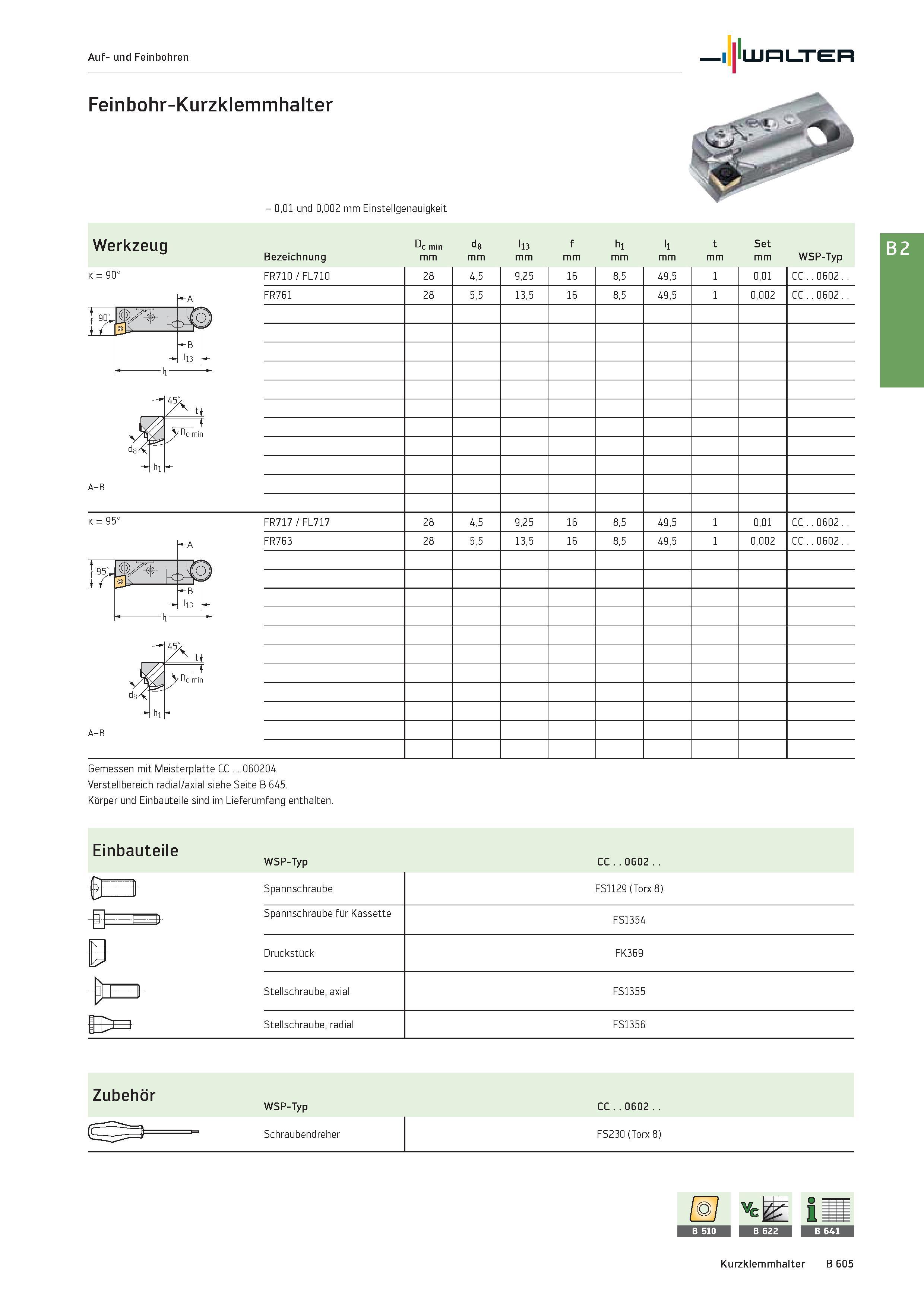 1119 Auf- und Feinbohren Walter Feinbohr-Kurzklemmhalter k = 90° -A f9 B - l13 - 11 0,01 und 0,002 mm Einstellgenauigkeit Werkzeug Dc min d8 l13 f h1 Каталог WALTER 2016 Общий Инструмент станочный режущий и инструментальная оснастка Фрезы монолитные и сборные с твердосплавными сменными пластинами Сверла Резцы Оправки Стр. B605