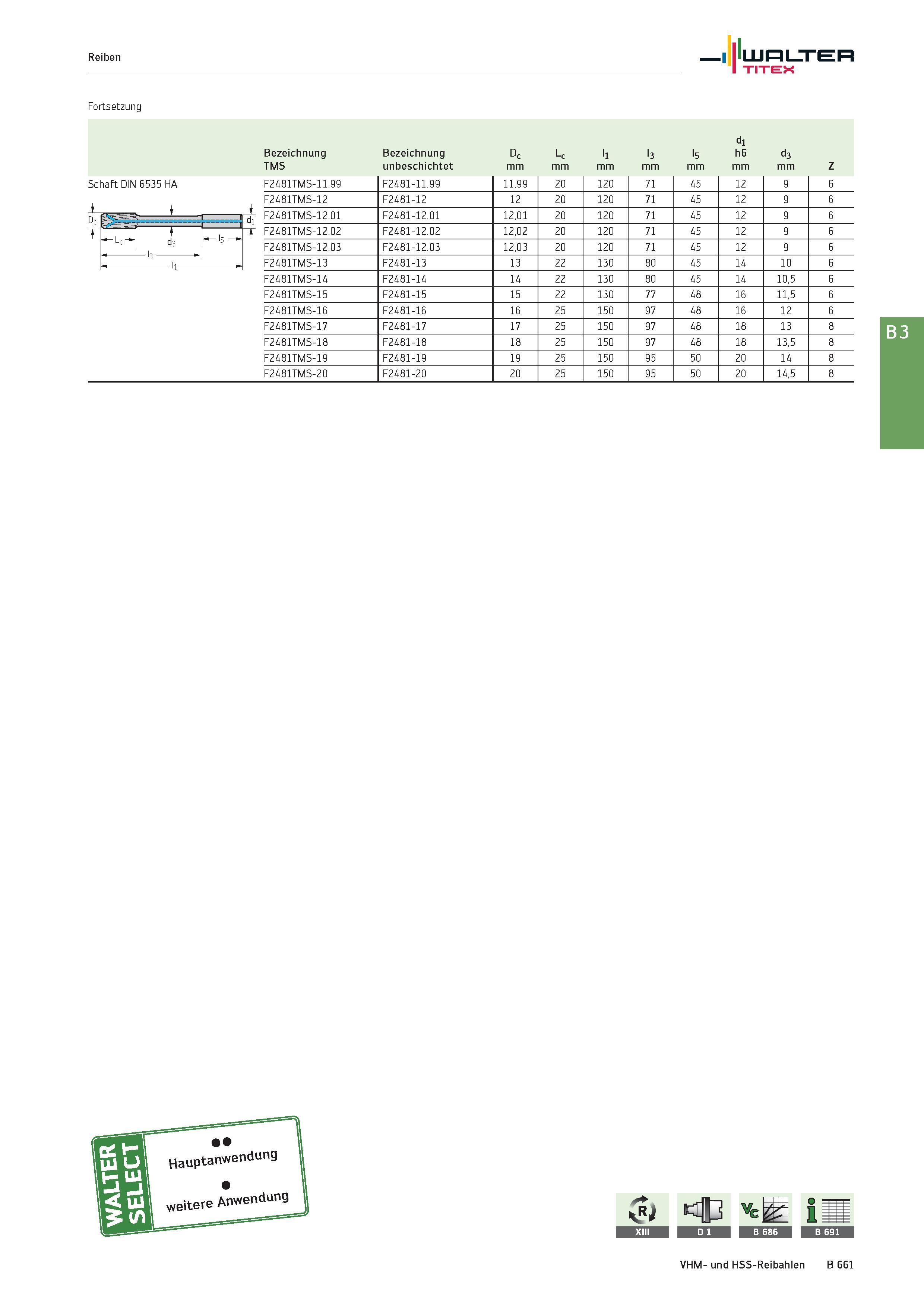 1175 Reiben Walter TITEX Fortsetzung Bezeichnung Bezeichnung Dc Lc ll l3 l5 n LD -o -C d3 TMS unbeschichtet mm Z Schaft DIN 6535 HA F2481TMS-11 99 F24 Каталог WALTER 2016 Общий Инструмент станочный режущий и инструментальная оснастка Фрезы монолитные и сборные с твердосплавными сменными пластинами Сверла Резцы Оправки Стр. B661