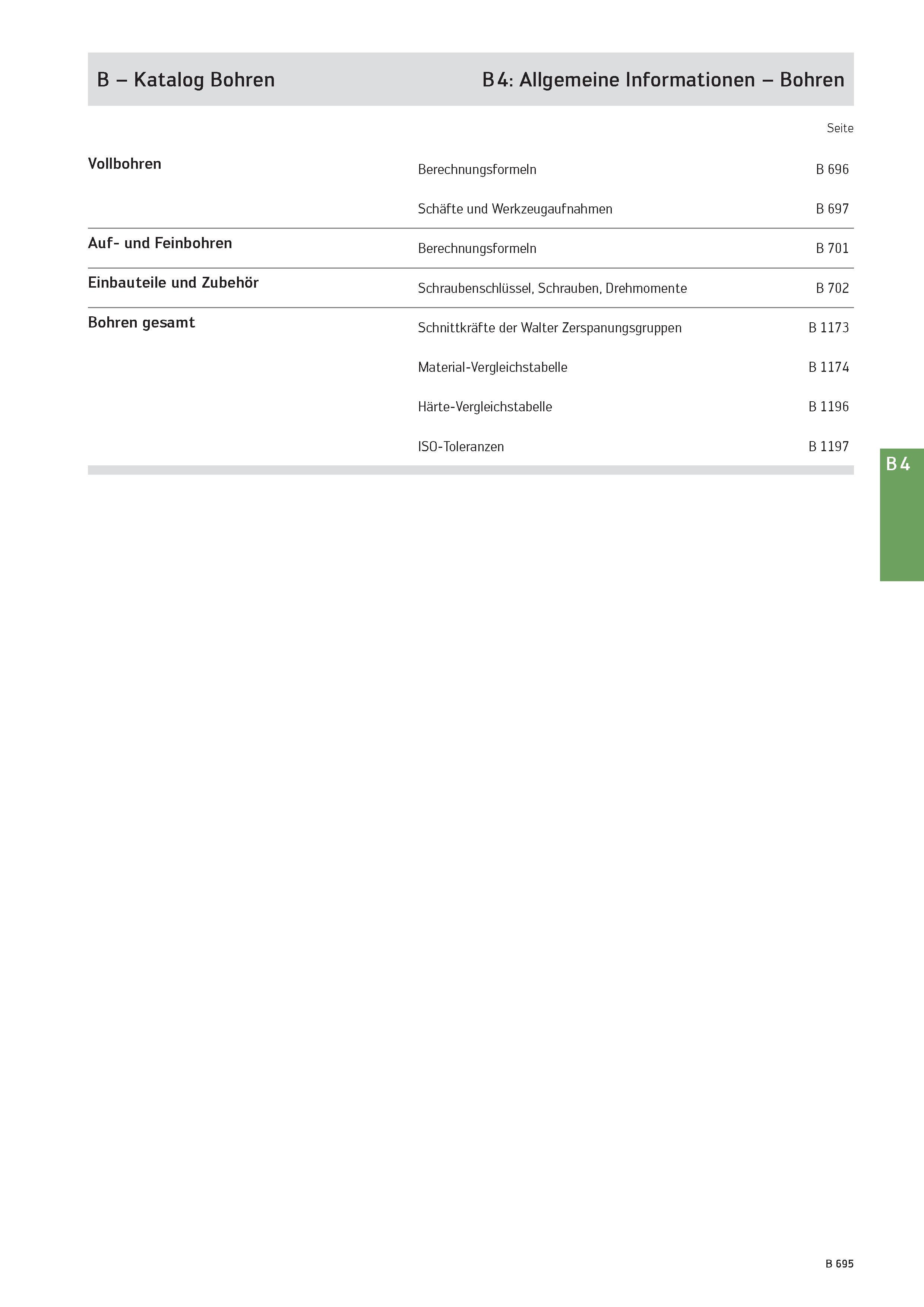 1209 B - Katalog Bohren B 4: Allgemeine Informationen - Bohren Seite Vollbohren Berechnungsformeln B 696 Schäfte und Werkzeugaufnahmen B 697 Auf- und Каталог WALTER 2016 Общий Инструмент станочный режущий и инструментальная оснастка Фрезы монолитные и сборные с твердосплавными сменными пластинами Сверла Резцы Оправки Стр. B695