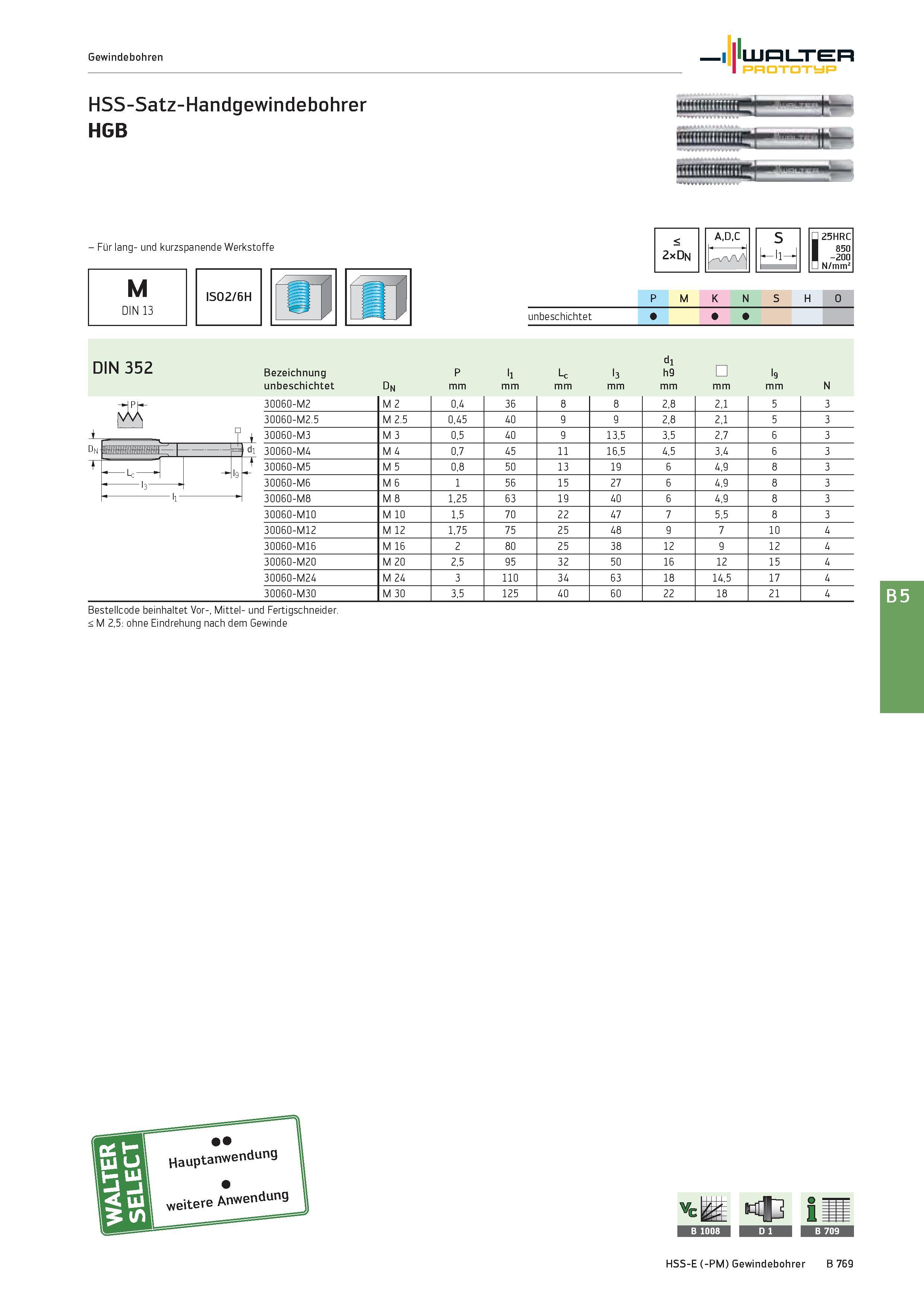 1283 Gewindebohren Walter Prototyp HSS-Satz-Handgewindebohrer HGB - Für lang- und kurzspanende Werkstoffe M DIN 13 ISO2/6H < 2xDn A,D,C S J1- 25HRC 85 Каталог WALTER 2016 Общий Инструмент станочный режущий и инструментальная оснастка Фрезы монолитные и сборные с твердосплавными сменными пластинами Сверла Резцы Оправки Стр. B769