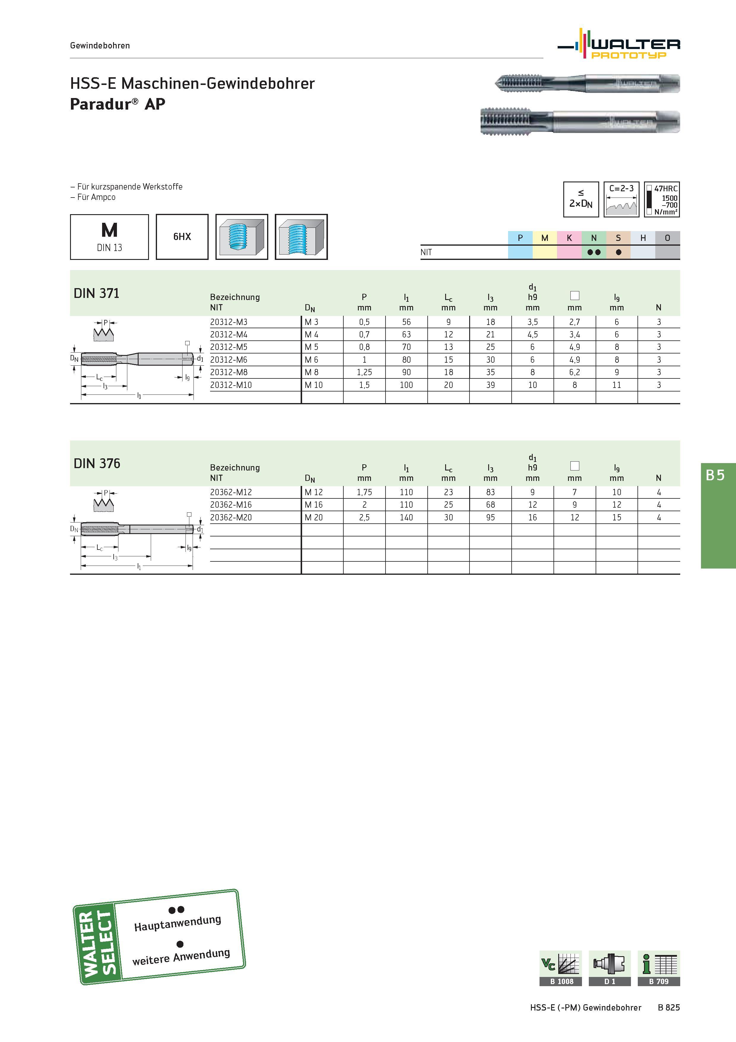 1339 Gewindebohren Walter Prototyp HSS-E Maschinen-Gewindebohrer Paradur AP iiüi - Für kurzspanende Werkstoffe - Für Ampco M DIN 13 6HX < 2xün C=2-3 / Каталог WALTER 2016 Общий Инструмент станочный режущий и инструментальная оснастка Фрезы монолитные и сборные с твердосплавными сменными пластинами Сверла Резцы Оправки Стр. B825