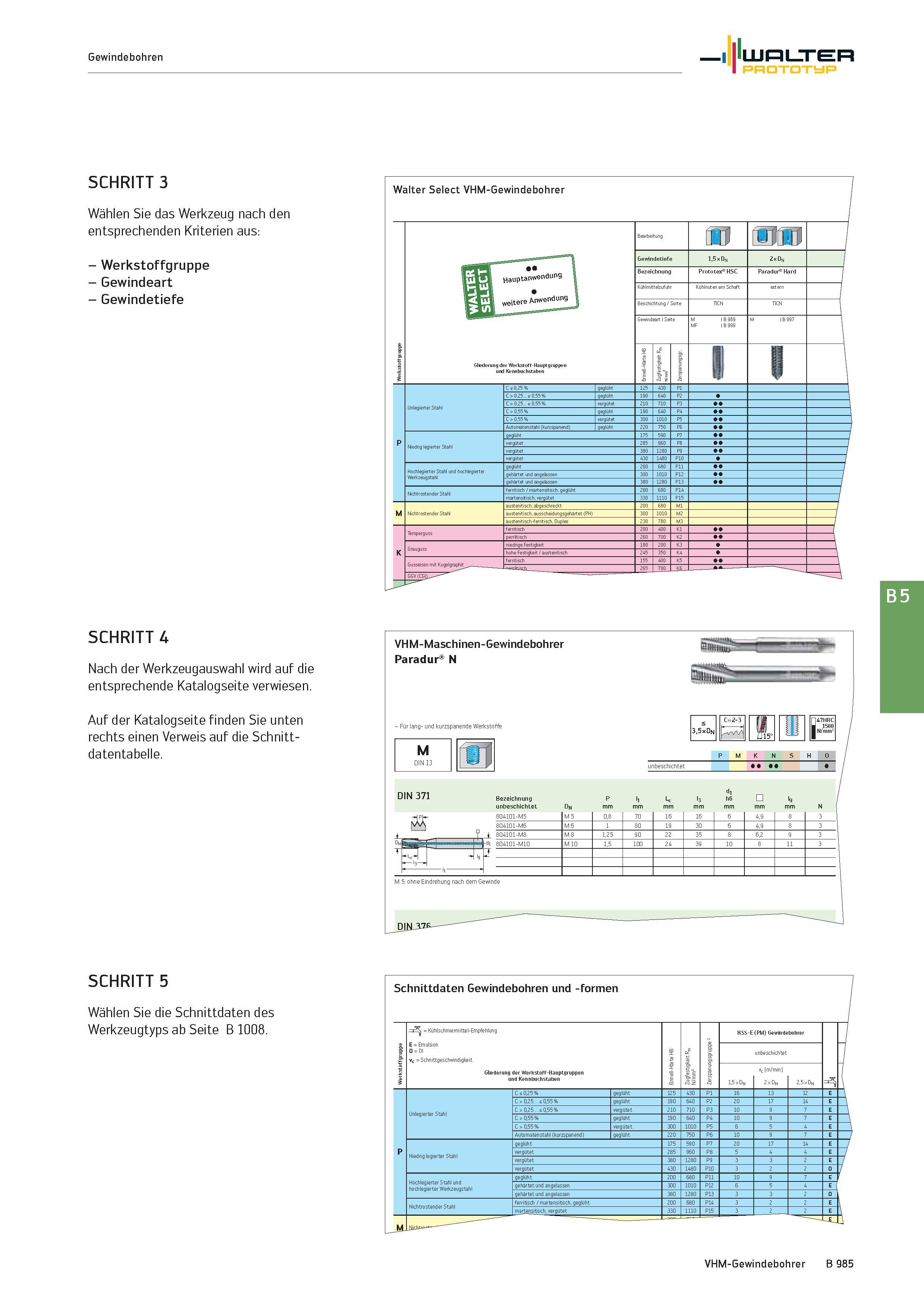 1499 Gewindebohren Walter Prototyp B 5 SCHRITT 3 Wählen Sie das Werkzeug nach den entsprechenden Kriterien aus: - Werkstoffgruppe - Gewindeart - Gewin Каталог WALTER 2016 Общий Инструмент станочный режущий и инструментальная оснастка Фрезы монолитные и сборные с твердосплавными сменными пластинами Сверла Резцы Оправки Стр. B985