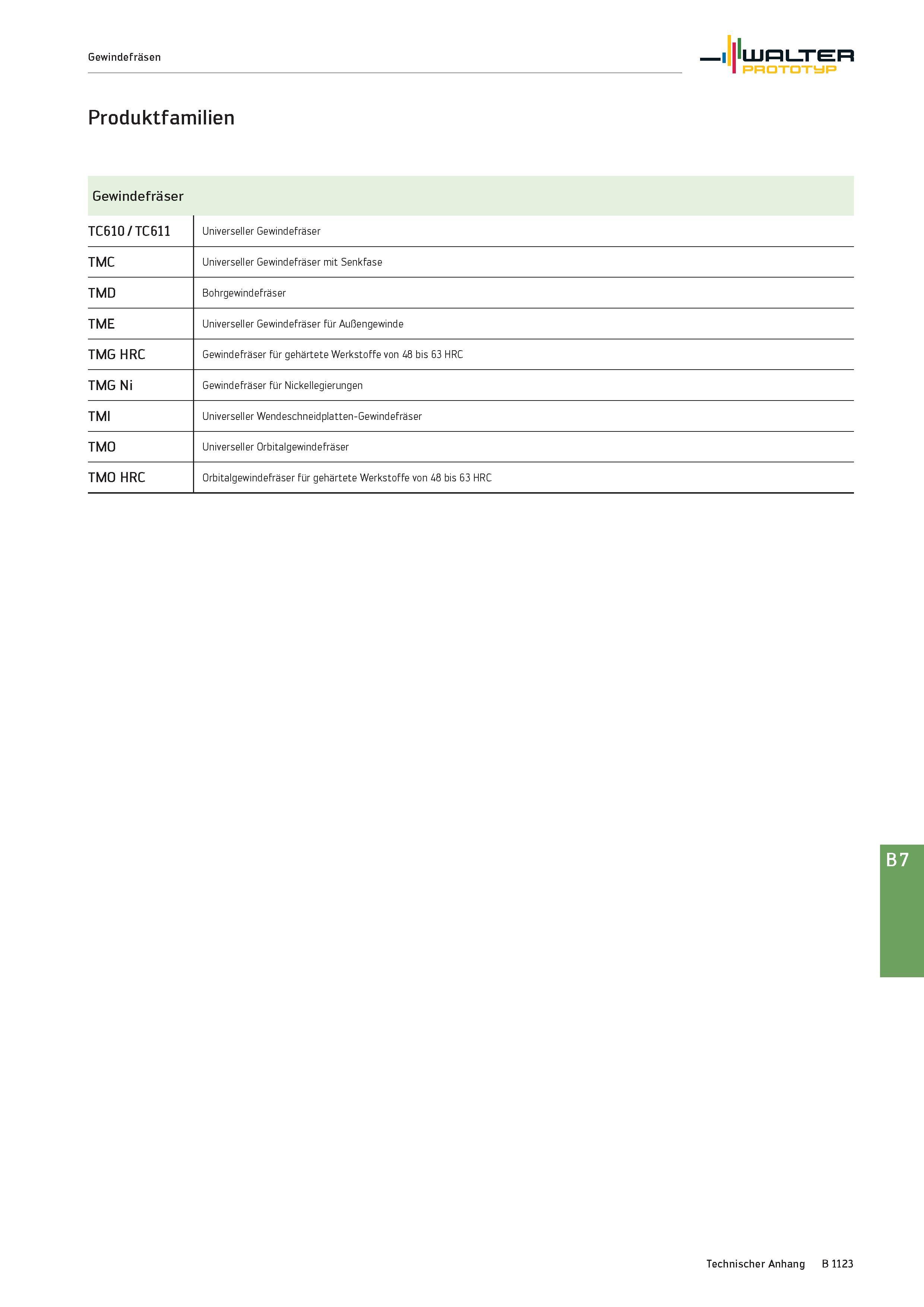 1637 Gewindefräsen Walter Prototyp Produktfamilien Gewindefräser TC610/TC611 Universeller Gewindefräser TMC Universeller Gewindefräser mit Senkfase TM Каталог WALTER 2016 Общий Инструмент станочный режущий и инструментальная оснастка Фрезы монолитные и сборные с твердосплавными сменными пластинами Сверла Резцы Оправки Стр. B1123