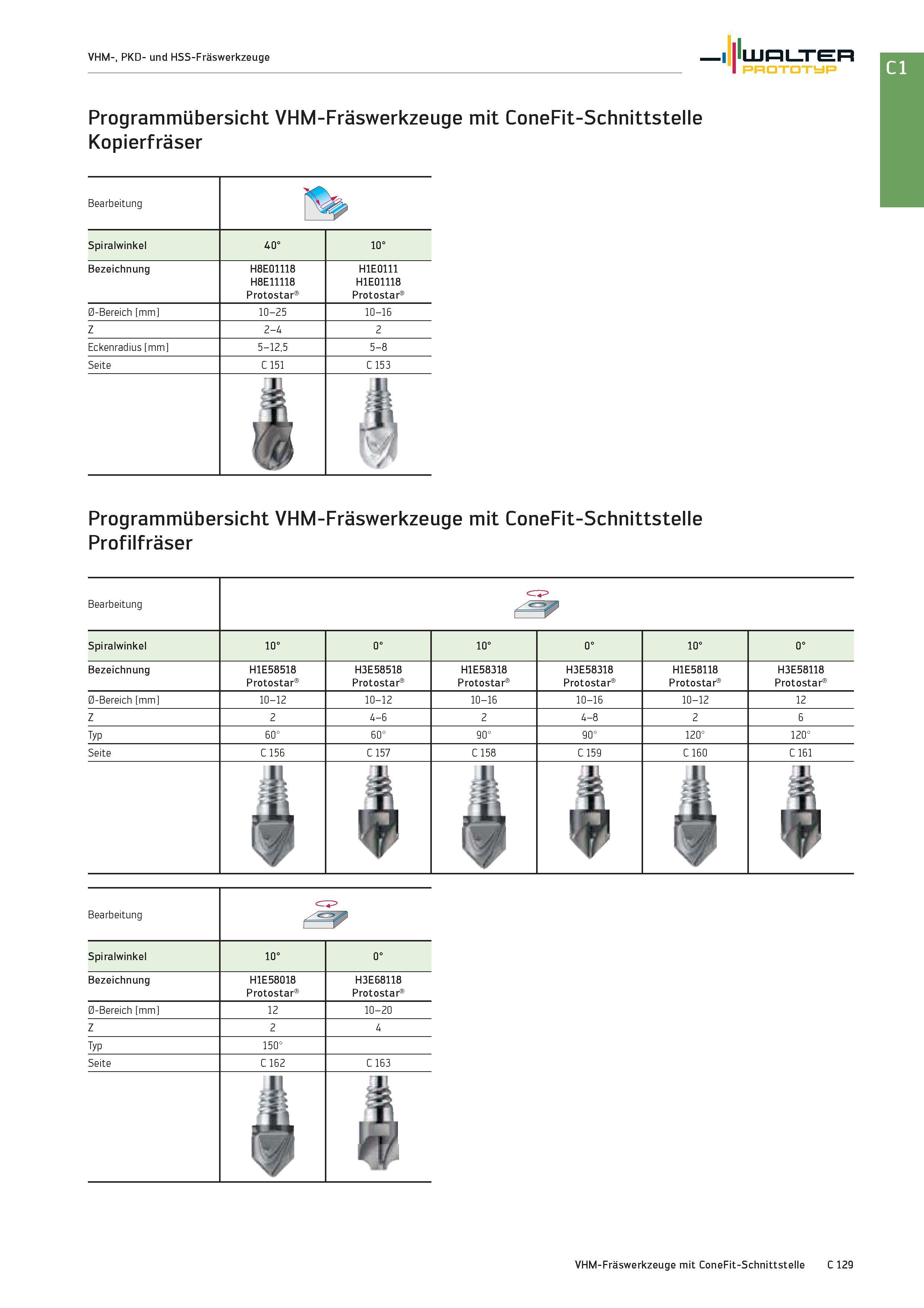 1841 VHM-, PKD- und HSS-Fräswerkzeuge Walter Prototyp Programmübersicht VHM-Fräswerkzeuge mit ConeFit-Schnittstelle Kopierfräser Bearbeitung Spiralwin Каталог WALTER 2016 Общий Инструмент станочный режущий и инструментальная оснастка Фрезы монолитные и сборные с твердосплавными сменными пластинами Сверла Резцы Оправки Стр. C129