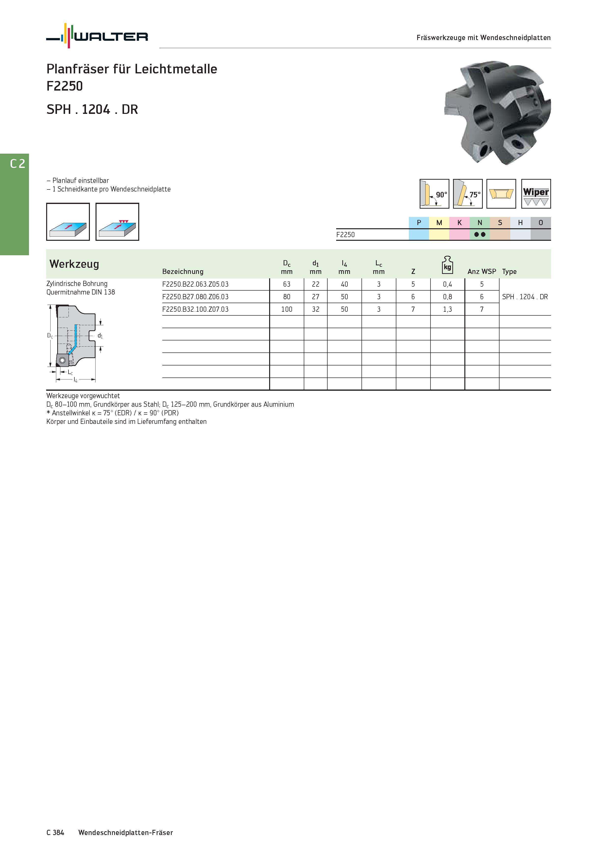 2096 Walter Fräswerkzeuge mit Wendeschneidplatten Planfräser für Leichtmetalle F2250 SPH 1204 DR - Planlauf einstellbar - 1 Schneidkante pro Wendeschn Каталог WALTER 2016 Общий Инструмент станочный режущий и инструментальная оснастка Фрезы монолитные и сборные с твердосплавными сменными пластинами Сверла Резцы Оправки Стр. C384