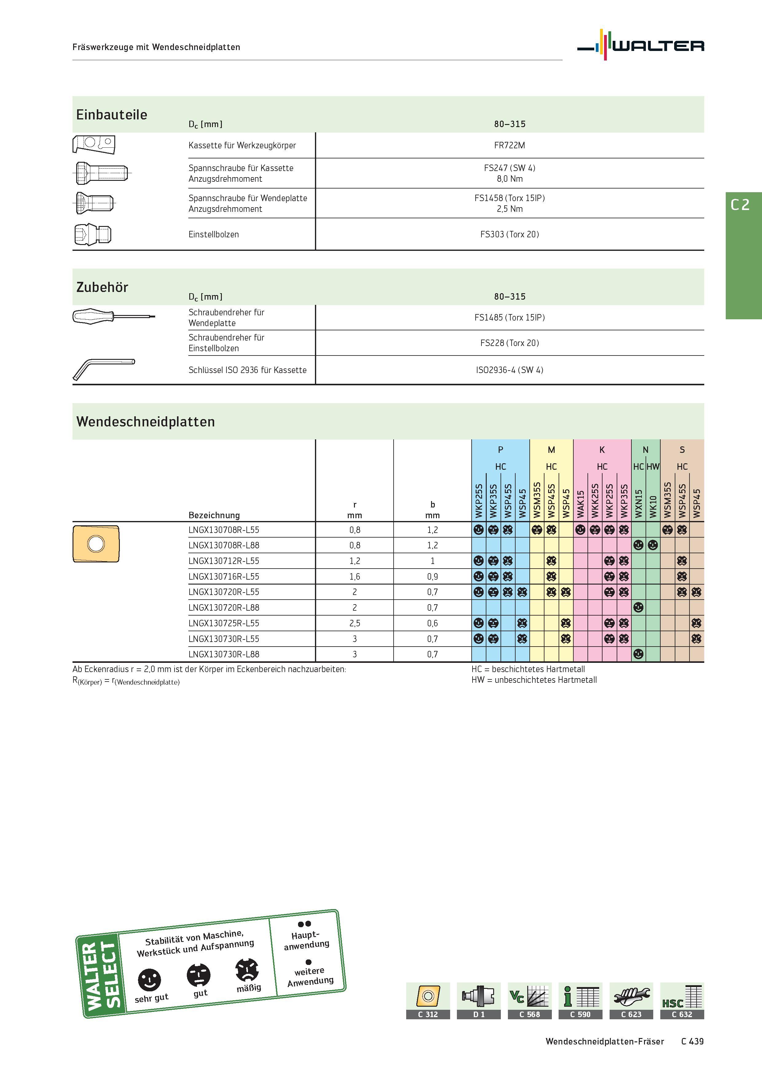2151 Fräswerkzeuge mit Wendeschneidplatten Walter Einbauteile Dc mm 80-315 Zubehör Dc mm 80-315 Schraubendreher für FS1485 (Torx 15IP) Wendeplatte Sch Каталог WALTER 2016 Общий Инструмент станочный режущий и инструментальная оснастка Фрезы монолитные и сборные с твердосплавными сменными пластинами Сверла Резцы Оправки Стр. C439